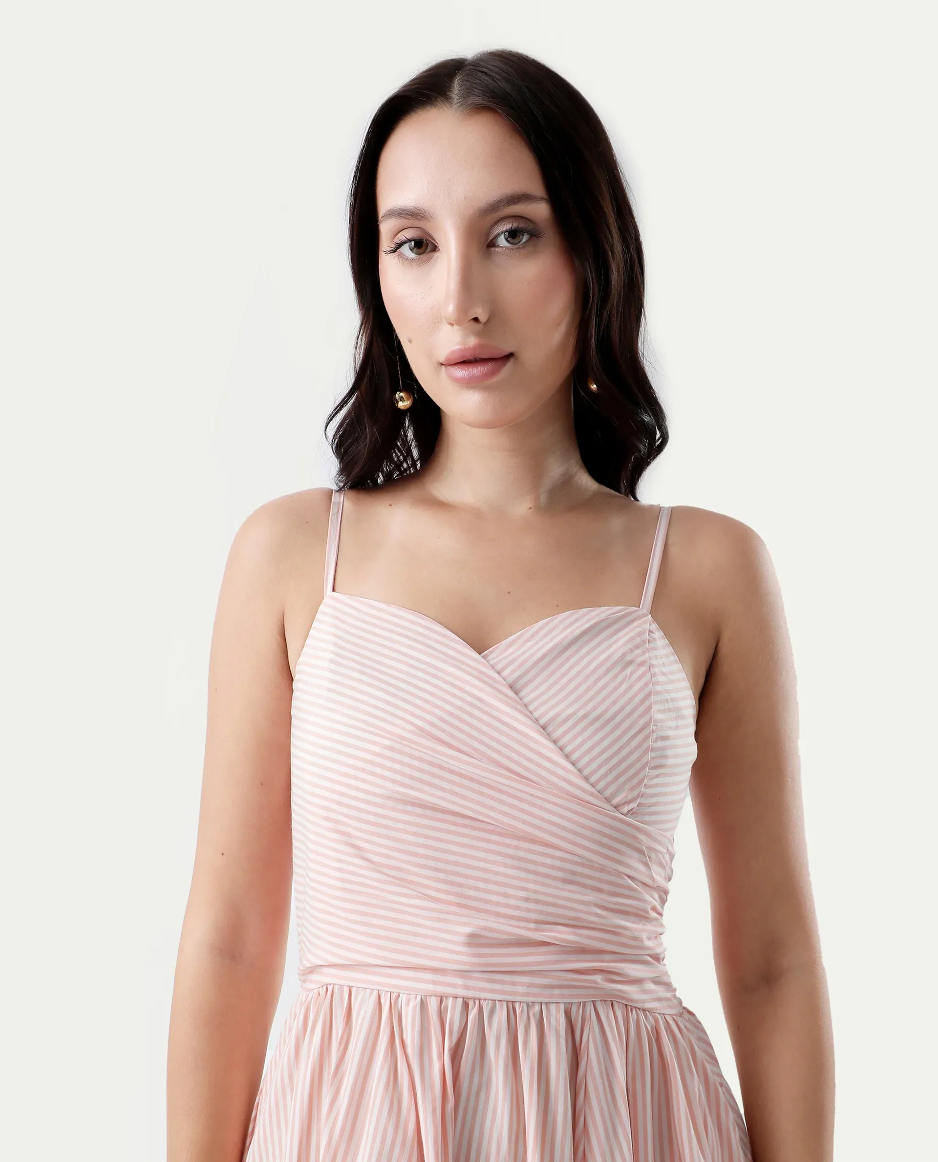 Rareism Women's Nuloon Pink Cotton Sweetheart Neck Striped Sleeveless Midi Fit And Flare Dress - Image 5