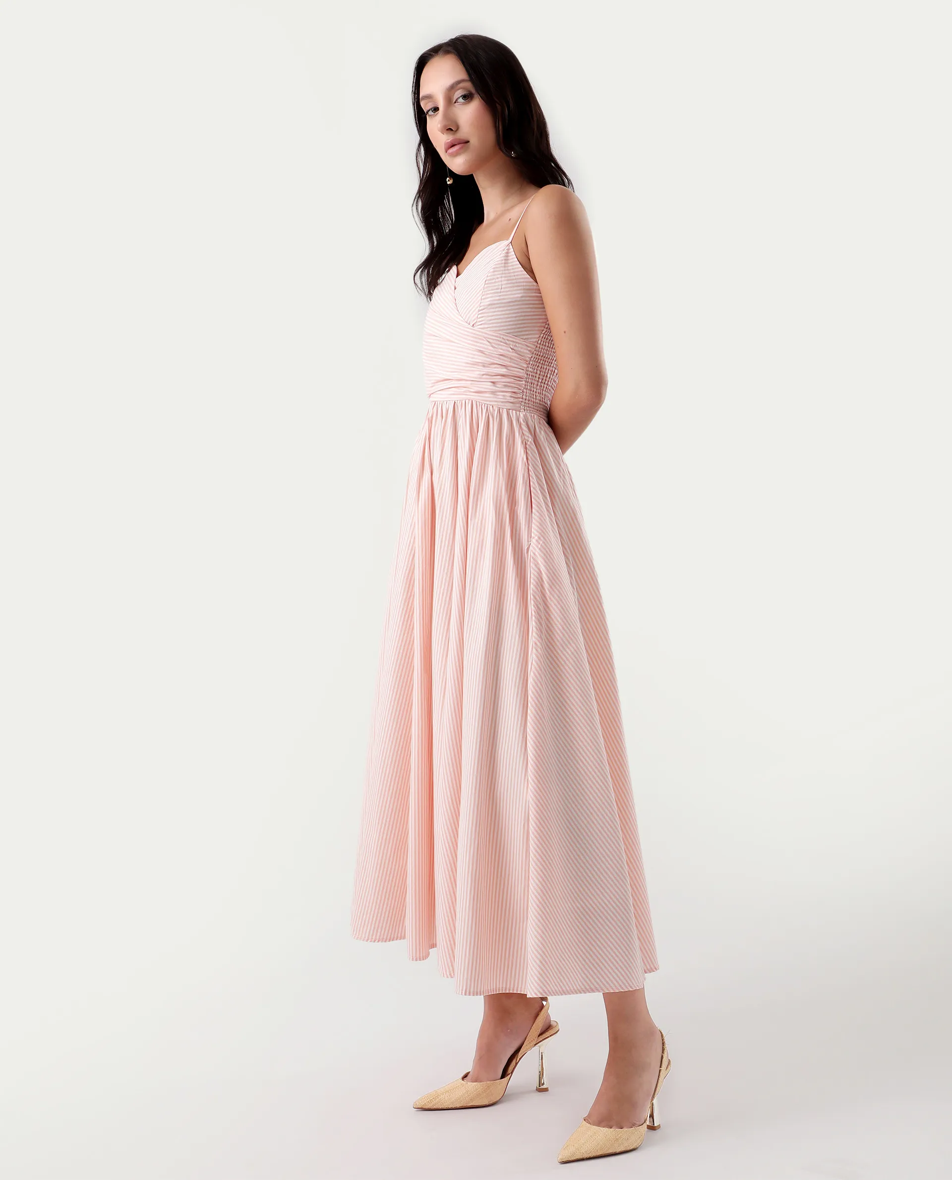 Rareism Women's Nuloon Pink Cotton Sweetheart Neck Striped Sleeveless Midi Fit And Flare Dress - Image 6