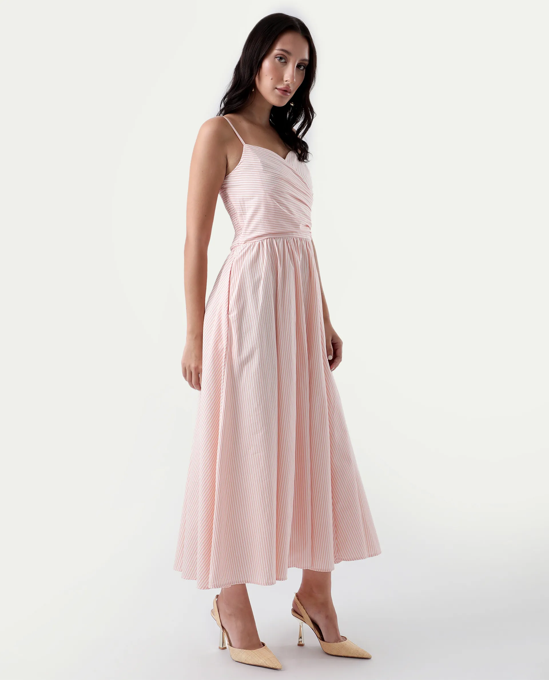 Rareism Women's Nuloon Pink Cotton Sweetheart Neck Striped Sleeveless Midi Fit And Flare Dress - Image 7