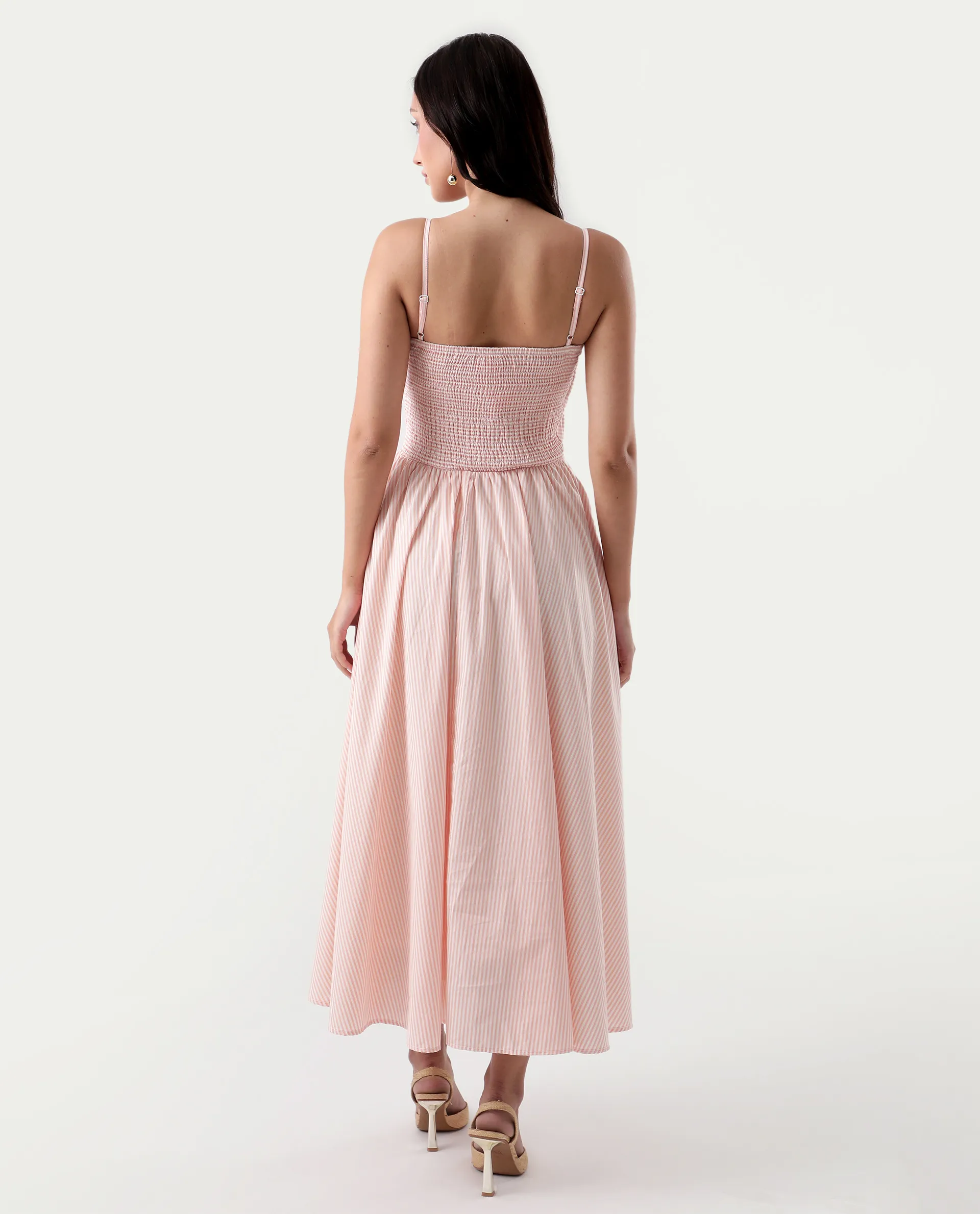 Rareism Women's Nuloon Pink Cotton Sweetheart Neck Striped Sleeveless Midi Fit And Flare Dress - Image 8