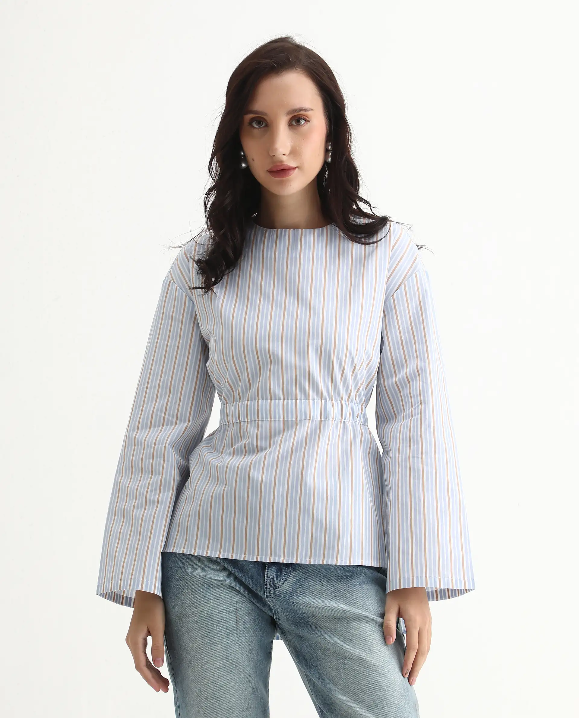 Rareism Women's Nulu Light Blue Cotton Extended Sleeves Round Neck Regular Fit Top - Image 2
