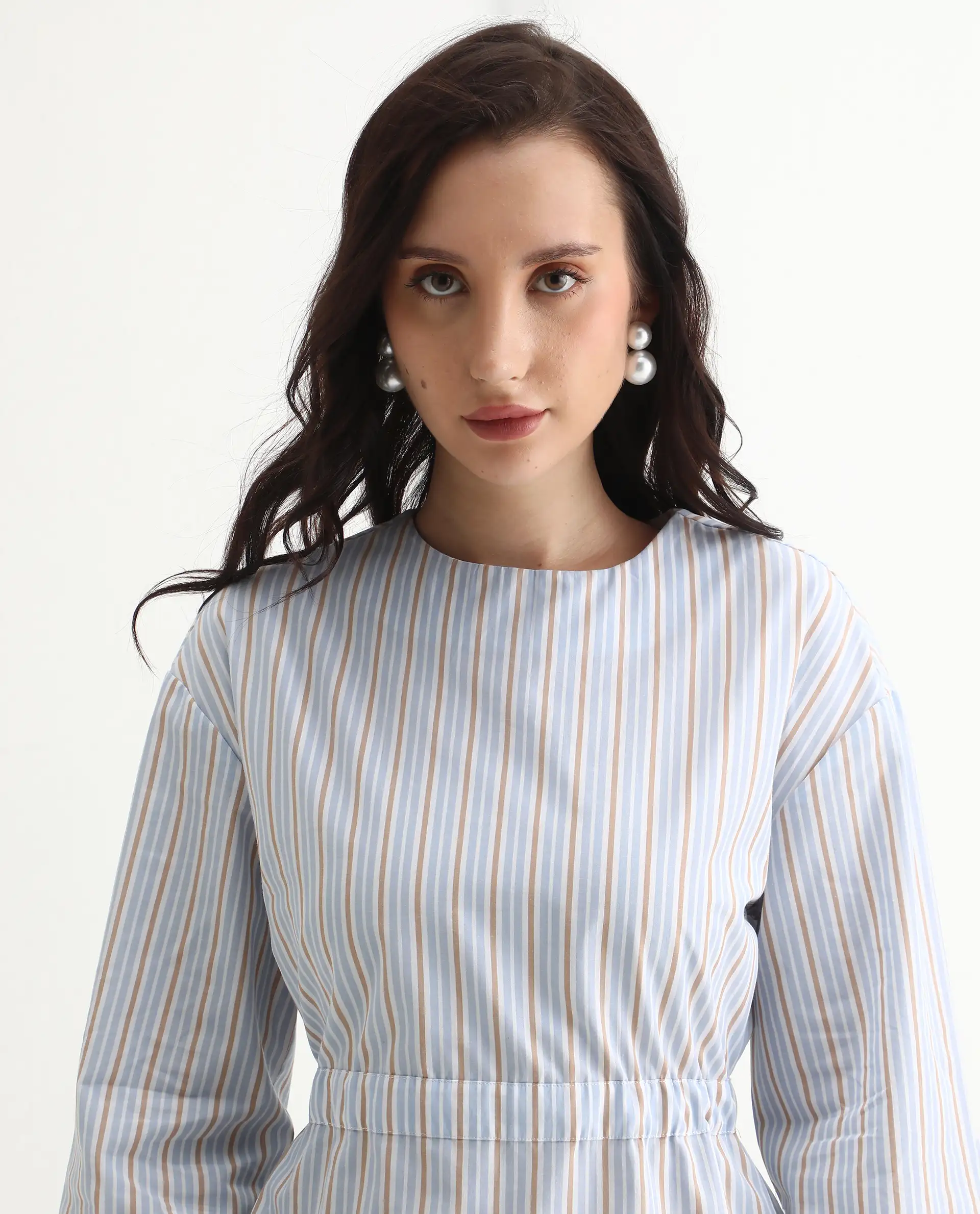 Rareism Women's Nulu Light Blue Cotton Extended Sleeves Round Neck Regular Fit Top - Image 3