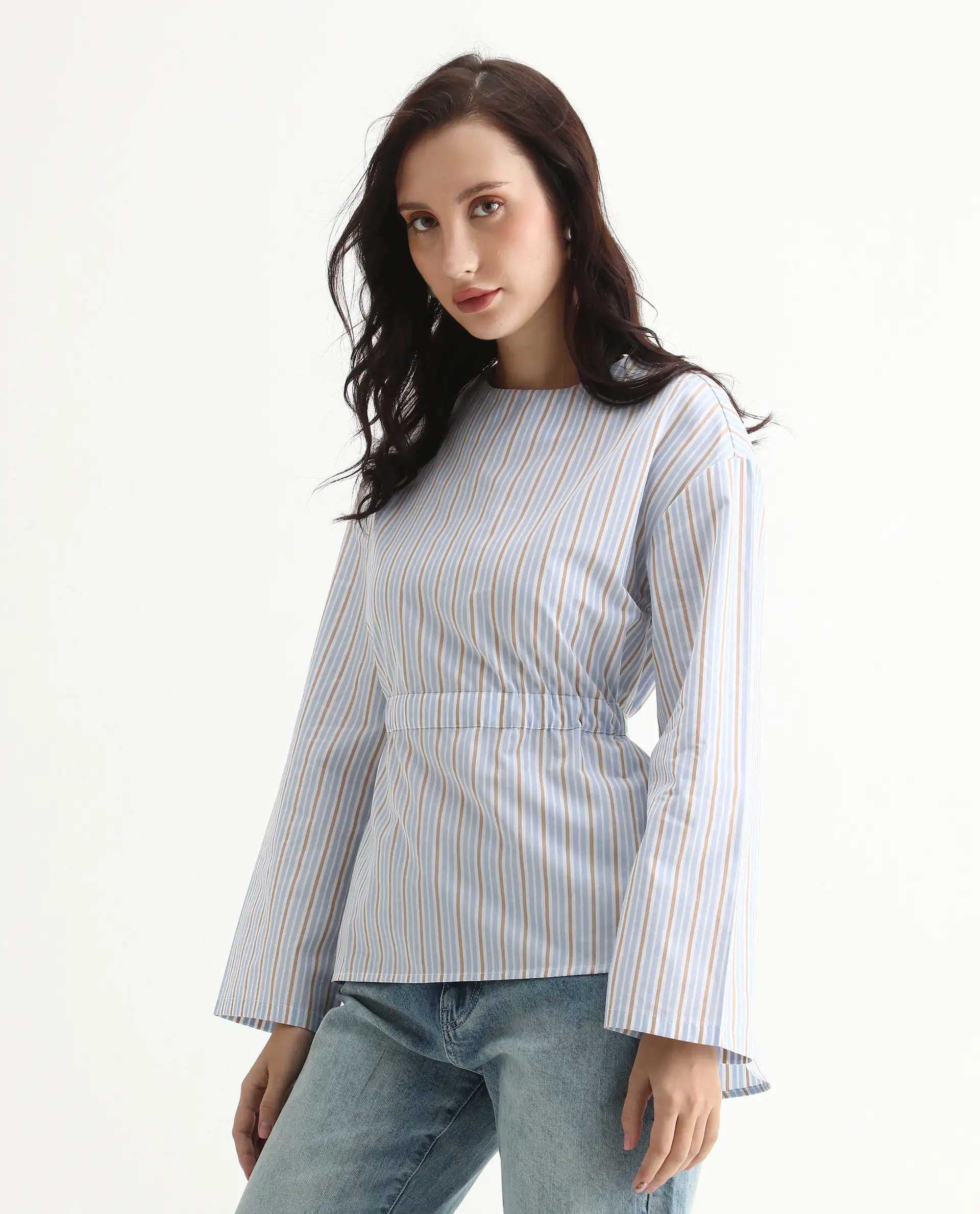 Rareism Women's Nulu Light Blue Cotton Extended Sleeves Round Neck Regular Fit Top - Image 4