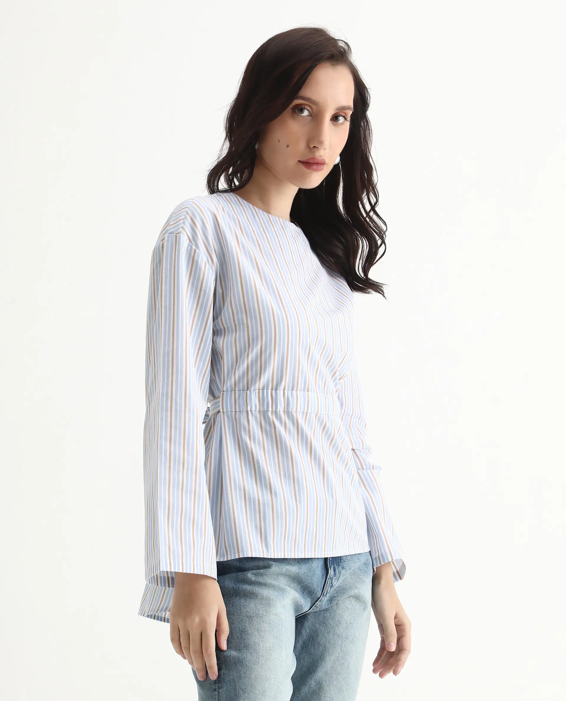 Rareism Women's Nulu Light Blue Cotton Extended Sleeves Round Neck Regular Fit Top - Image 5
