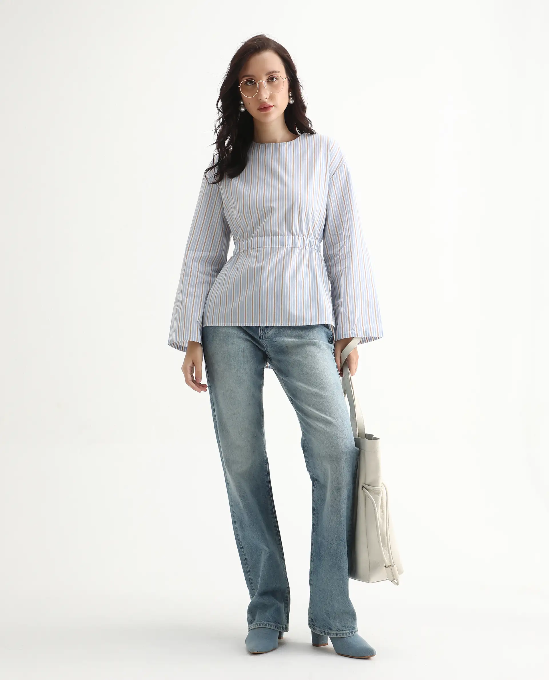 Rareism Women's Nulu Light Blue Cotton Extended Sleeves Round Neck Regular Fit Top - Image 6