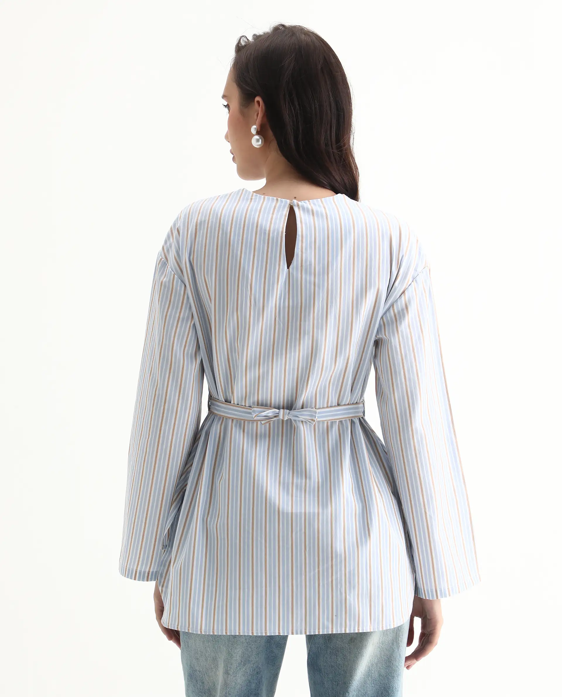 Rareism Women's Nulu Light Blue Cotton Extended Sleeves Round Neck Regular Fit Top - Image 8