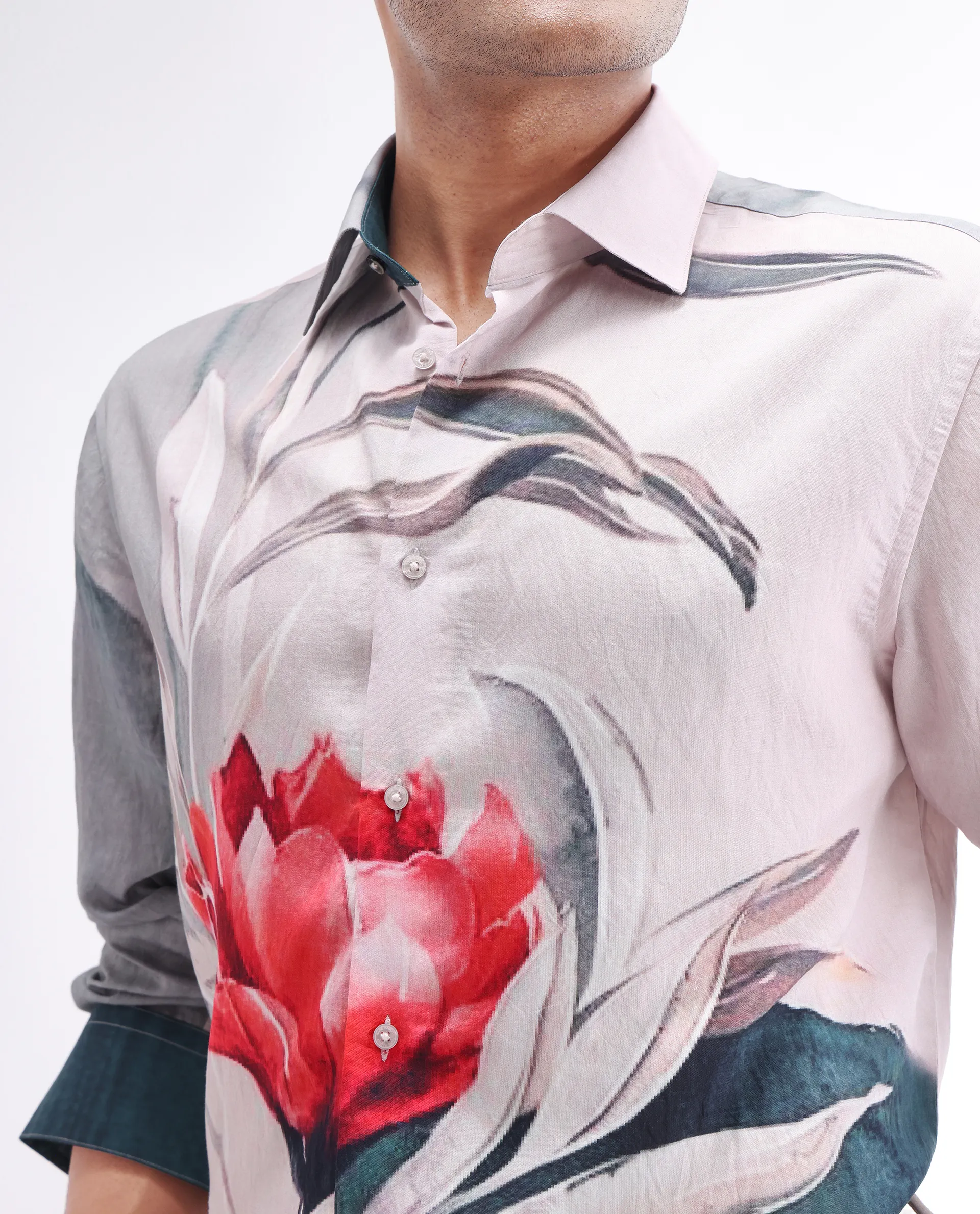 Rare Rabbit Men's Numa Teal Viscose Floral Print Relaxed Fit Full Sleeve Collared Shirt - Image 3