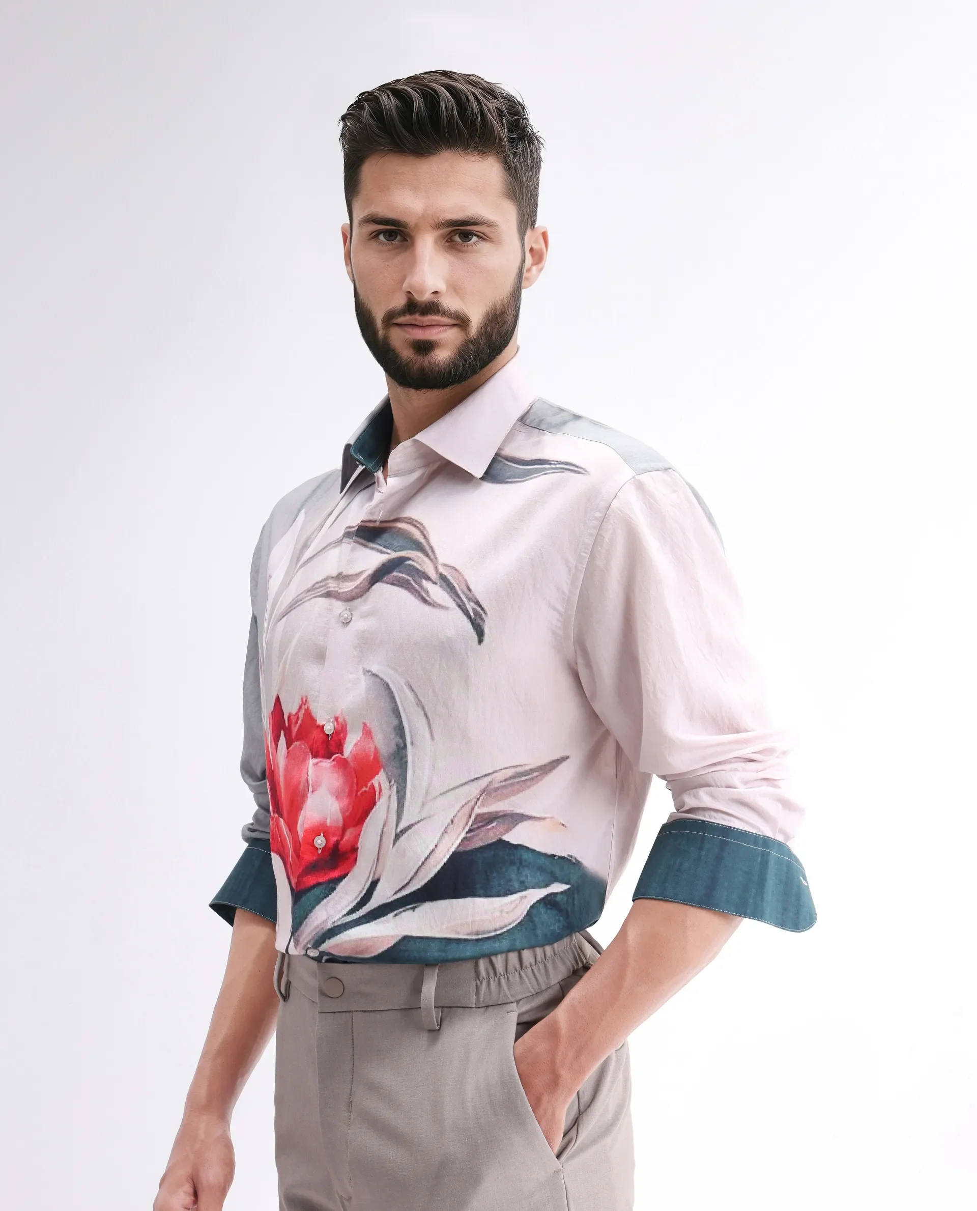Rare Rabbit Men's Numa Teal Viscose Floral Print Relaxed Fit Full Sleeve Collared Shirt - Image 5