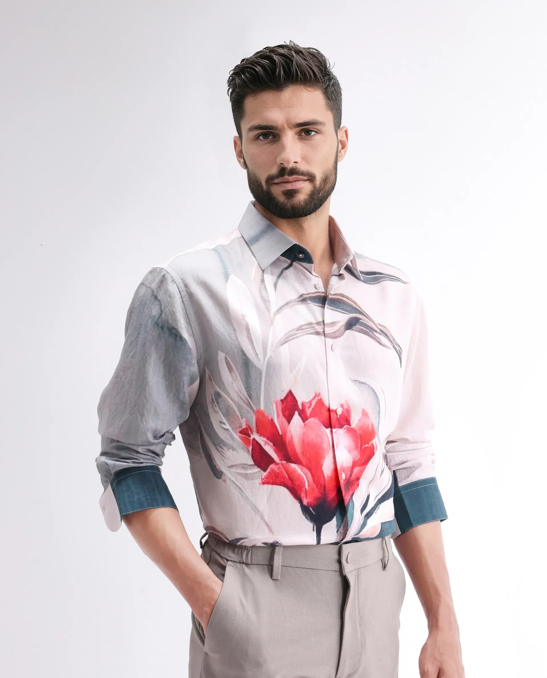Rare Rabbit Men's Numa Teal Viscose Floral Print Relaxed Fit Full Sleeve Collared Shirt - Image 6