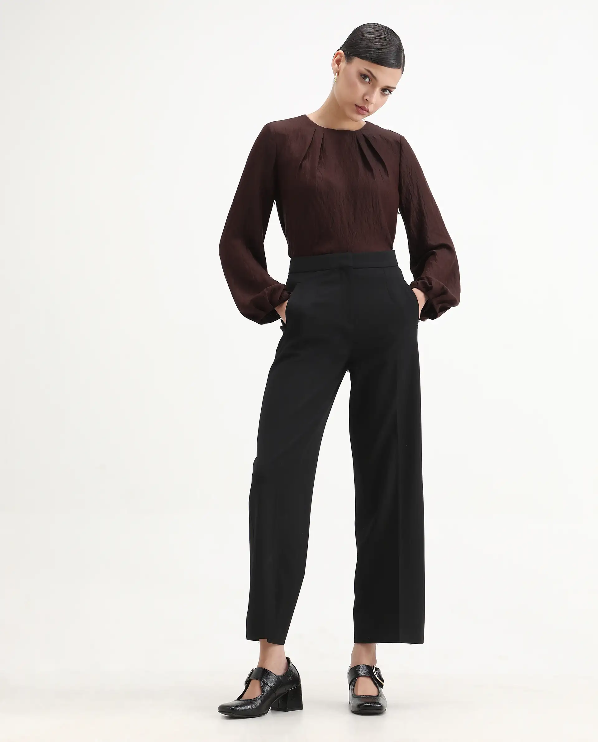 Rareism Women's Numi Dark Brown Viscose Blend Bishop Sleeve Round Neck Regular Fit Plain Top - Image 2