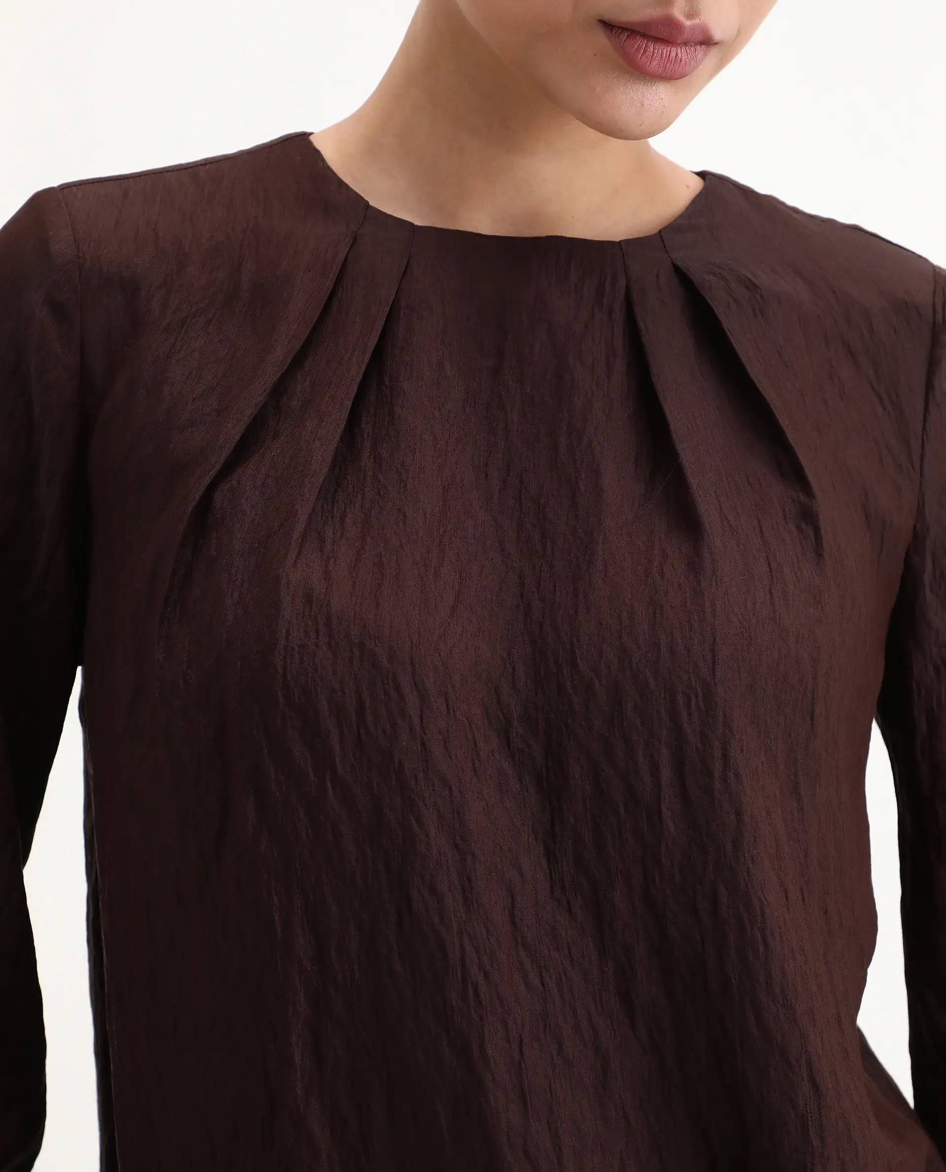 Rareism Women's Numi Dark Brown Viscose Blend Bishop Sleeve Round Neck Regular Fit Plain Top - Image 3