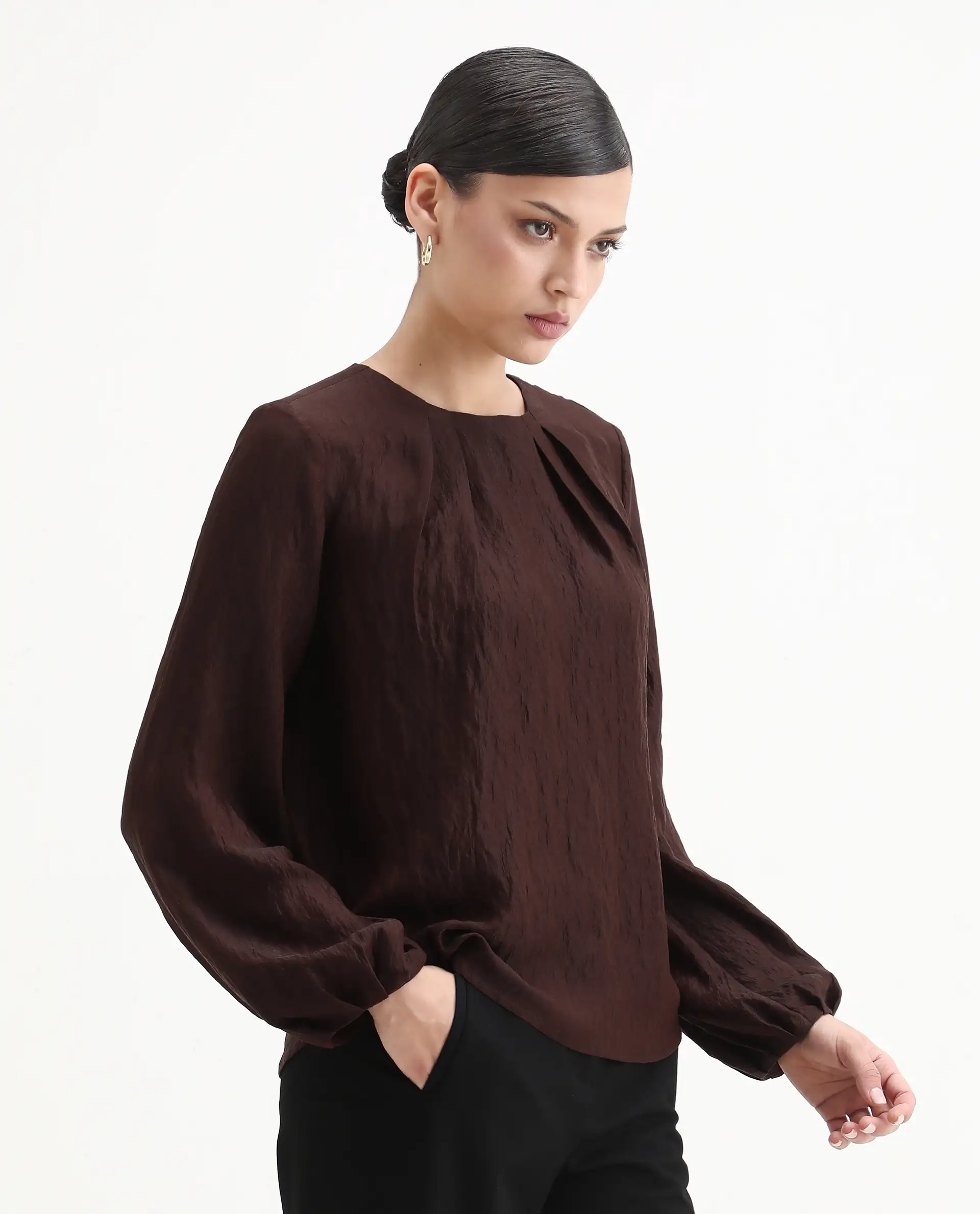 Rareism Women's Numi Dark Brown Viscose Blend Bishop Sleeve Round Neck Regular Fit Plain Top - Image 4