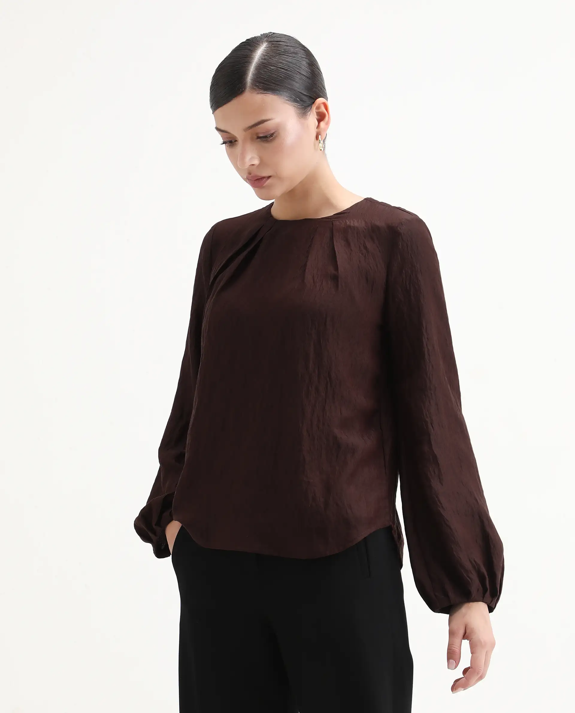 Rareism Women's Numi Dark Brown Viscose Blend Bishop Sleeve Round Neck Regular Fit Plain Top - Image 5