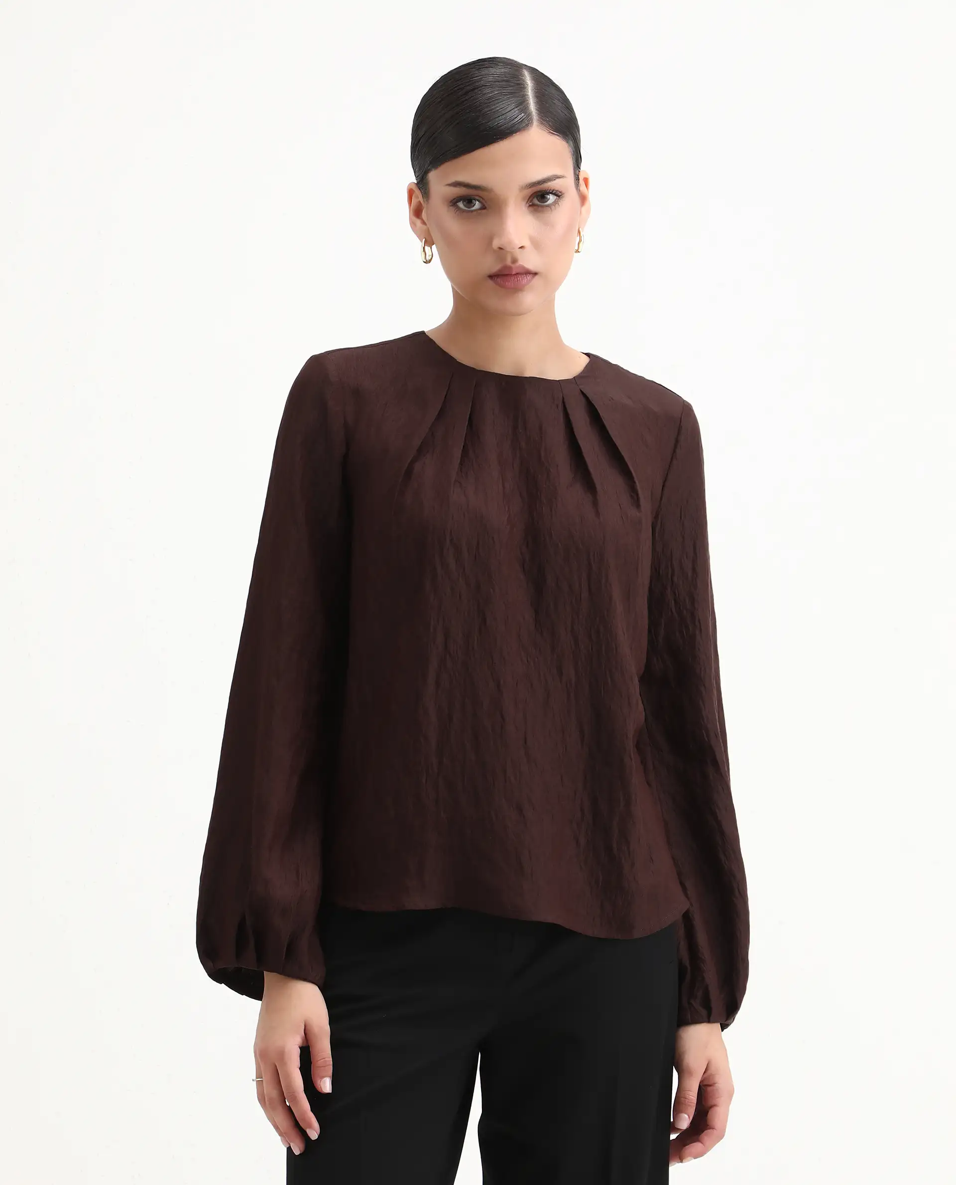 Rareism Women's Numi Dark Brown Viscose Blend Bishop Sleeve Round Neck Regular Fit Plain Top - Image 7