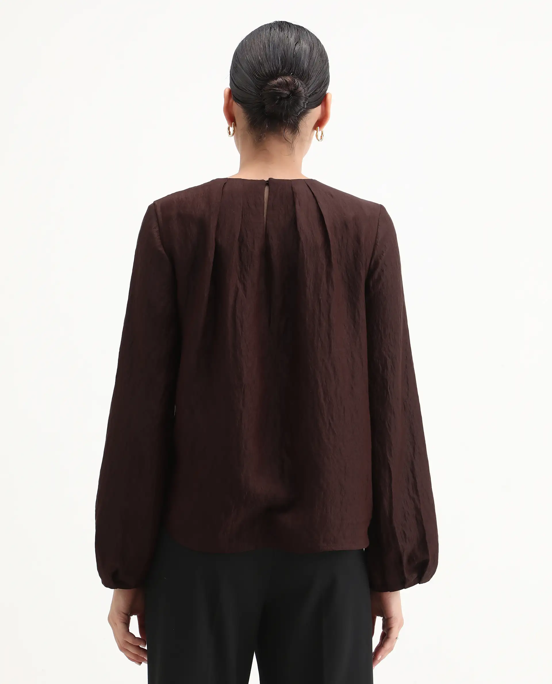 Rareism Women's Numi Dark Brown Viscose Blend Bishop Sleeve Round Neck Regular Fit Plain Top - Image 8