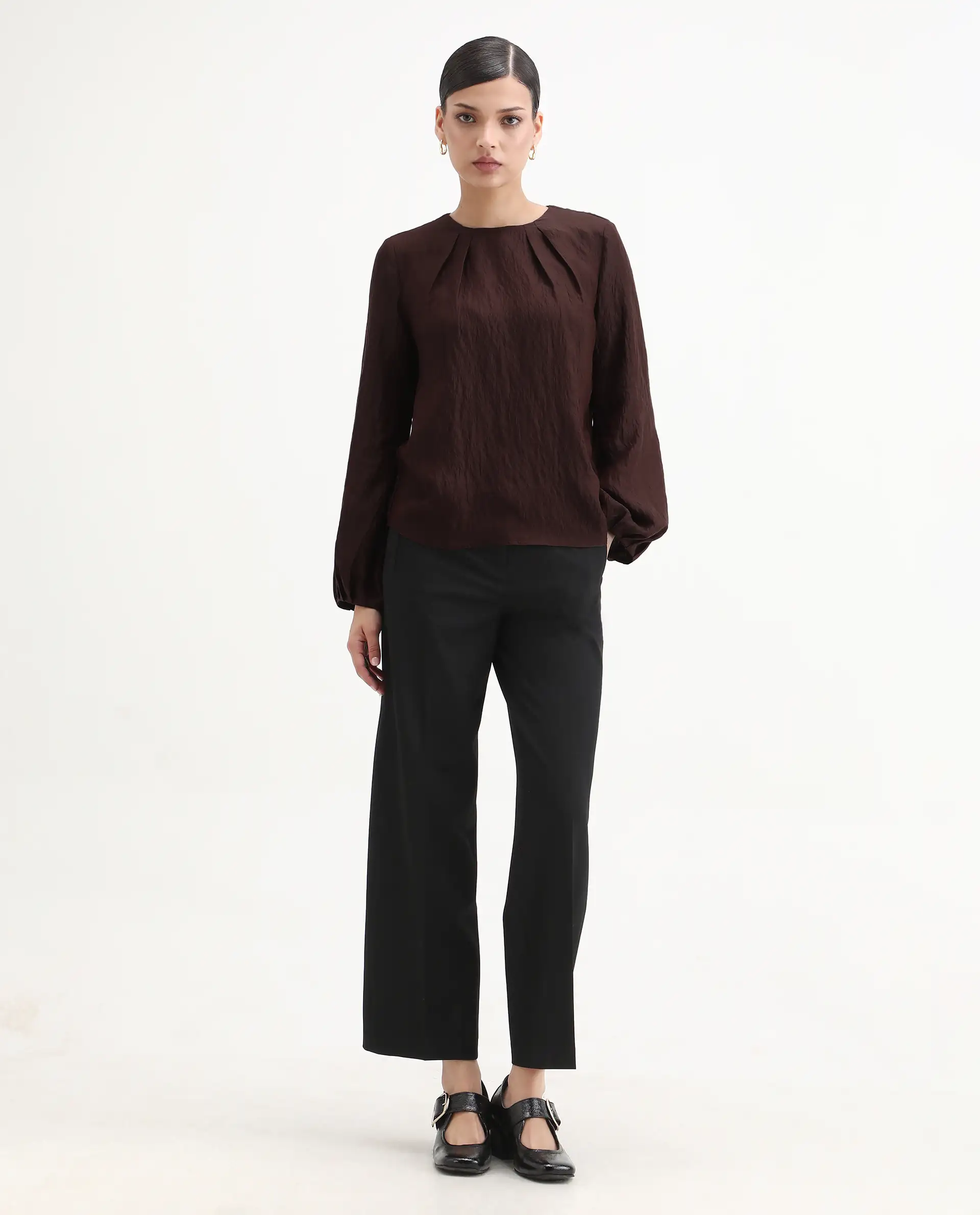 Rareism Women's Numi Dark Brown Viscose Blend Bishop Sleeve Round Neck Regular Fit Plain Top - Image 9