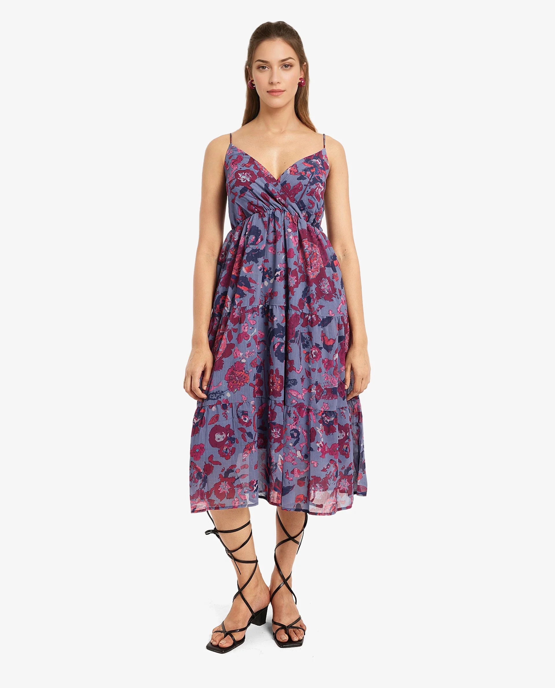 Rareism Women's Nuno Light Multi Polyester Shoulder Strap Floral Print Sleeveless Midi Fit And Flare Dress - Image 2