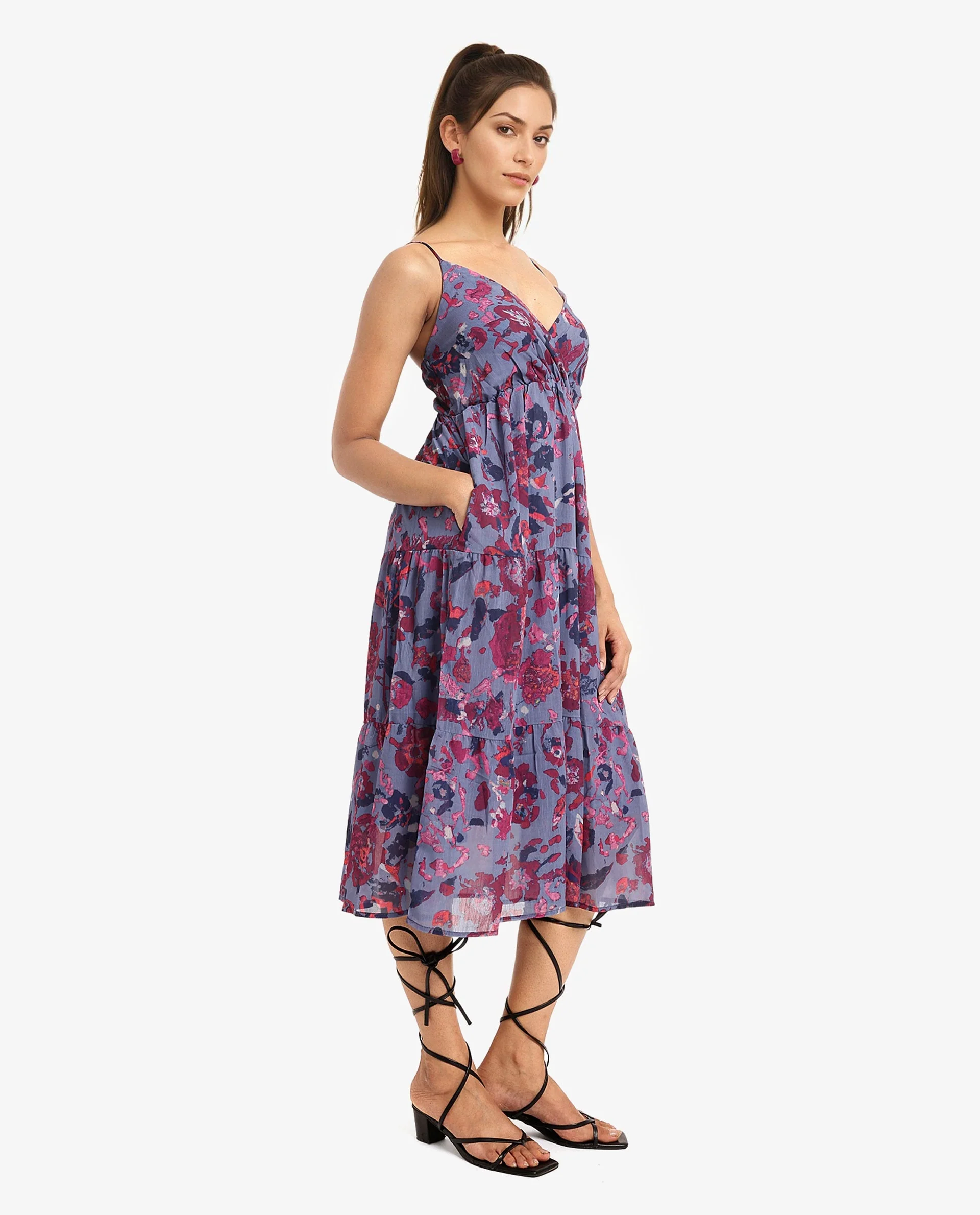 Rareism Women's Nuno Light Multi Polyester Shoulder Strap Floral Print Sleeveless Midi Fit And Flare Dress - Image 5