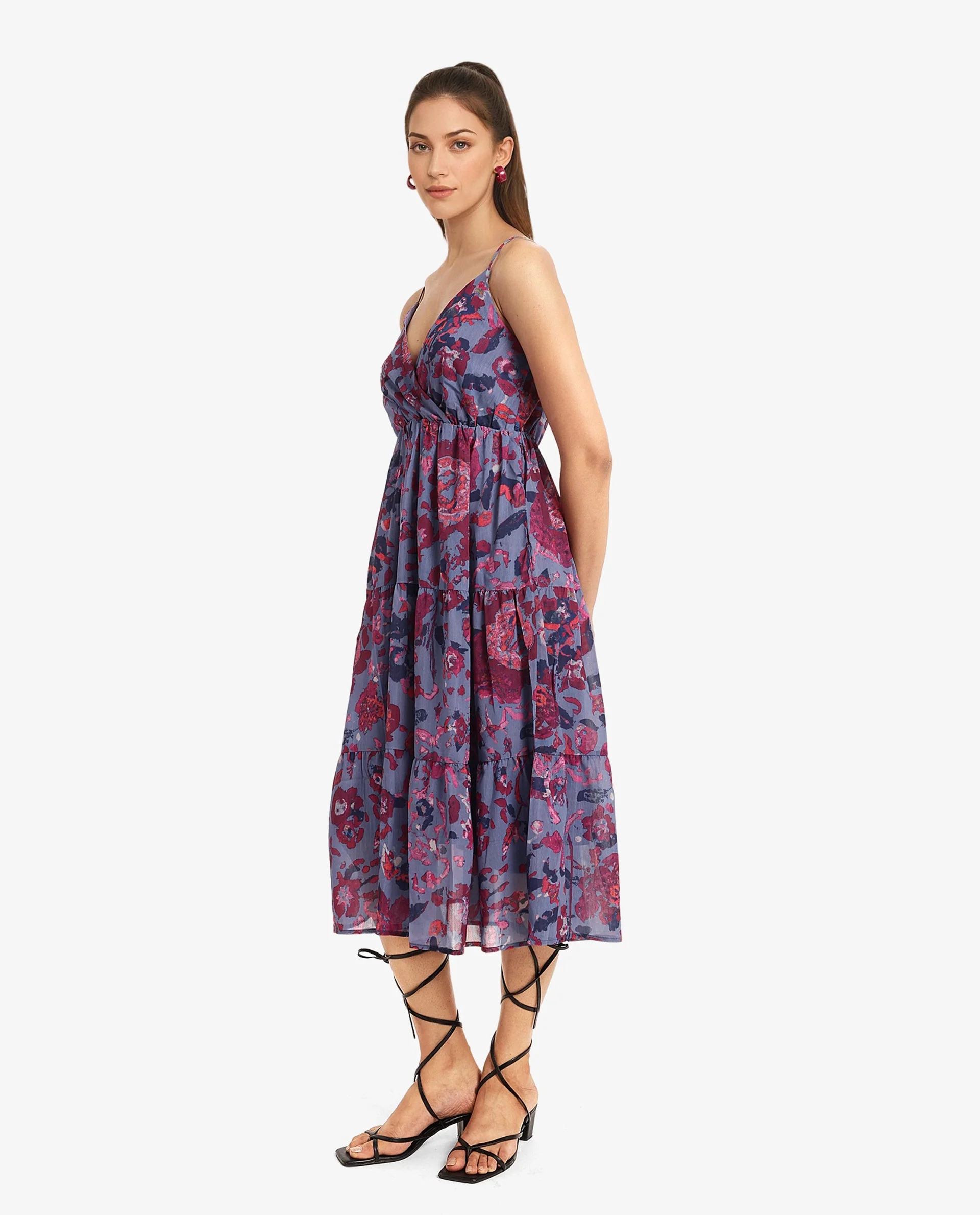Rareism Women's Nuno Light Multi Polyester Shoulder Strap Floral Print Sleeveless Midi Fit And Flare Dress - Image 6