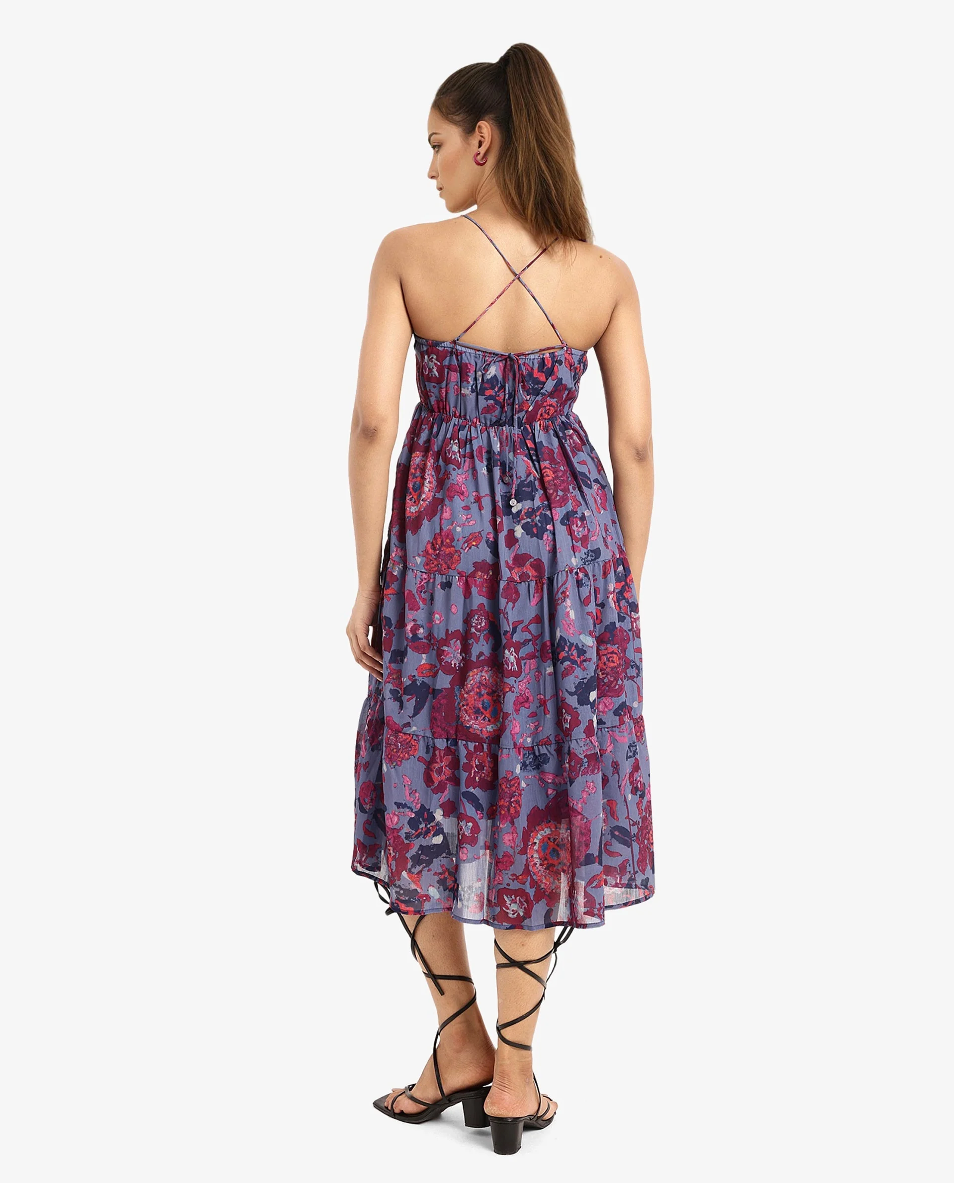 Rareism Women's Nuno Light Multi Polyester Shoulder Strap Floral Print Sleeveless Midi Fit And Flare Dress - Image 7