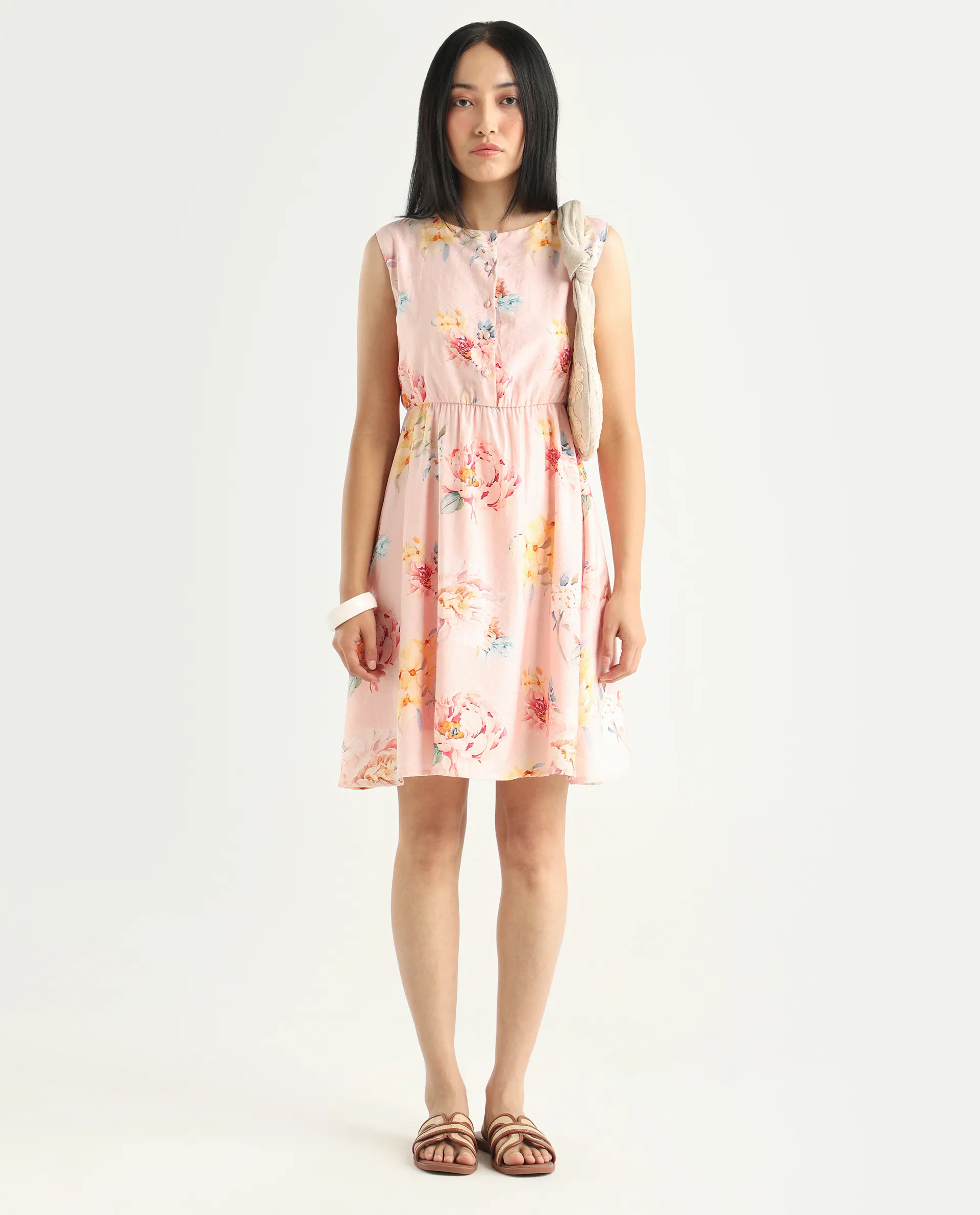 Rareism Women's Nupic Pink Viscose Blend Round Neck Floral Print Mini Flared Dress - Image 2