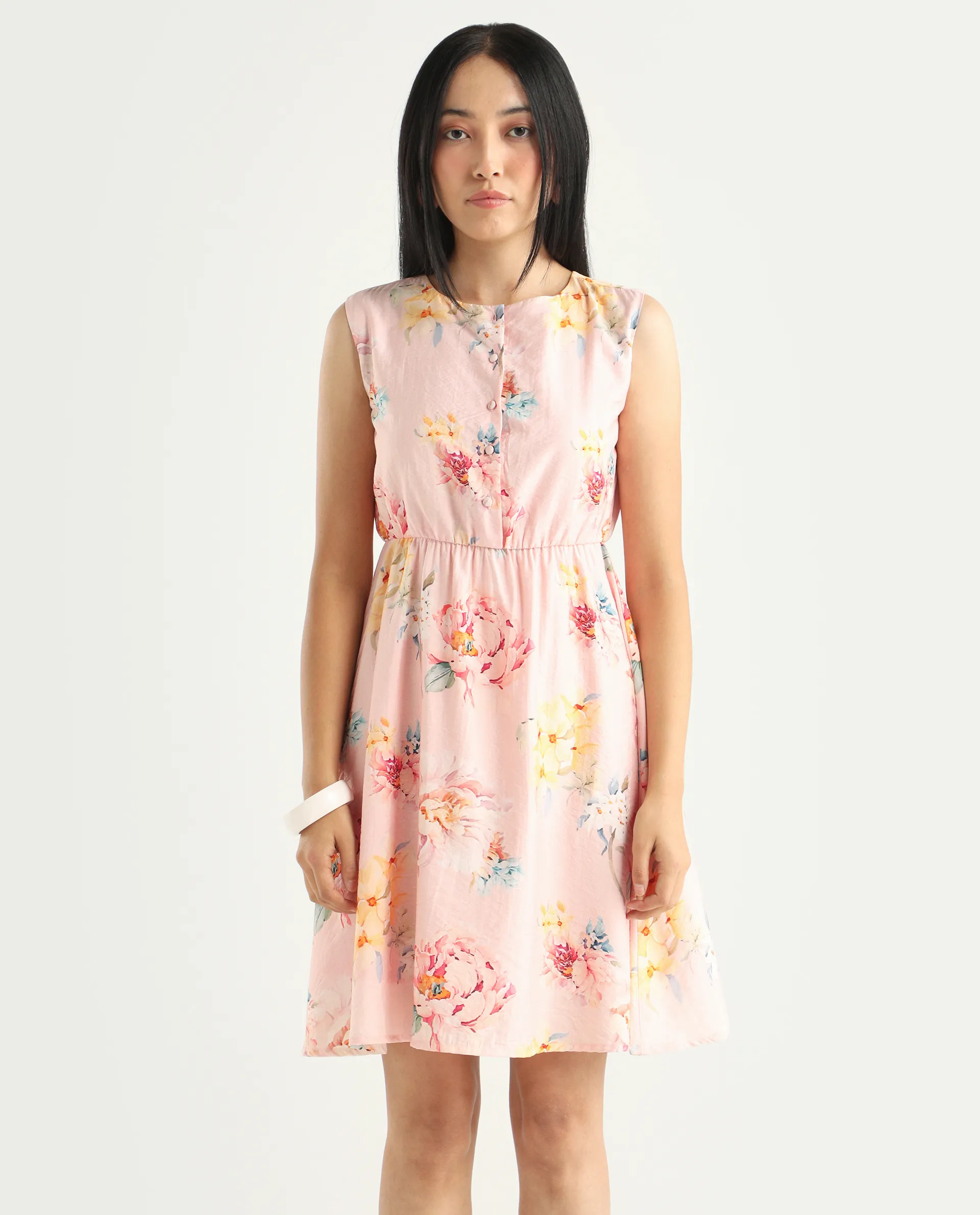 Rareism Women's Nupic Pink Viscose Blend Round Neck Floral Print Mini Flared Dress - Image 3