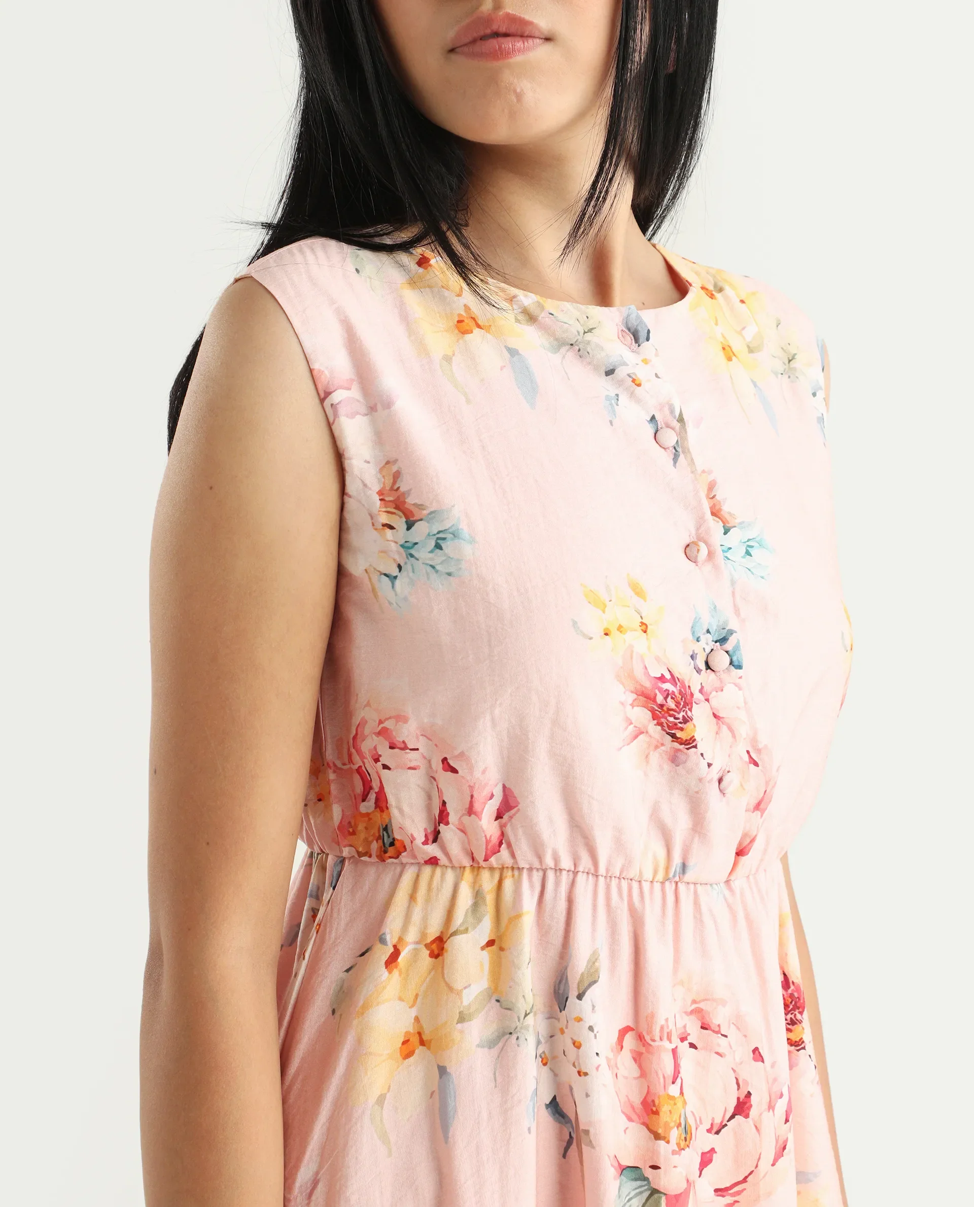 Rareism Women's Nupic Pink Viscose Blend Round Neck Floral Print Mini Flared Dress - Image 4