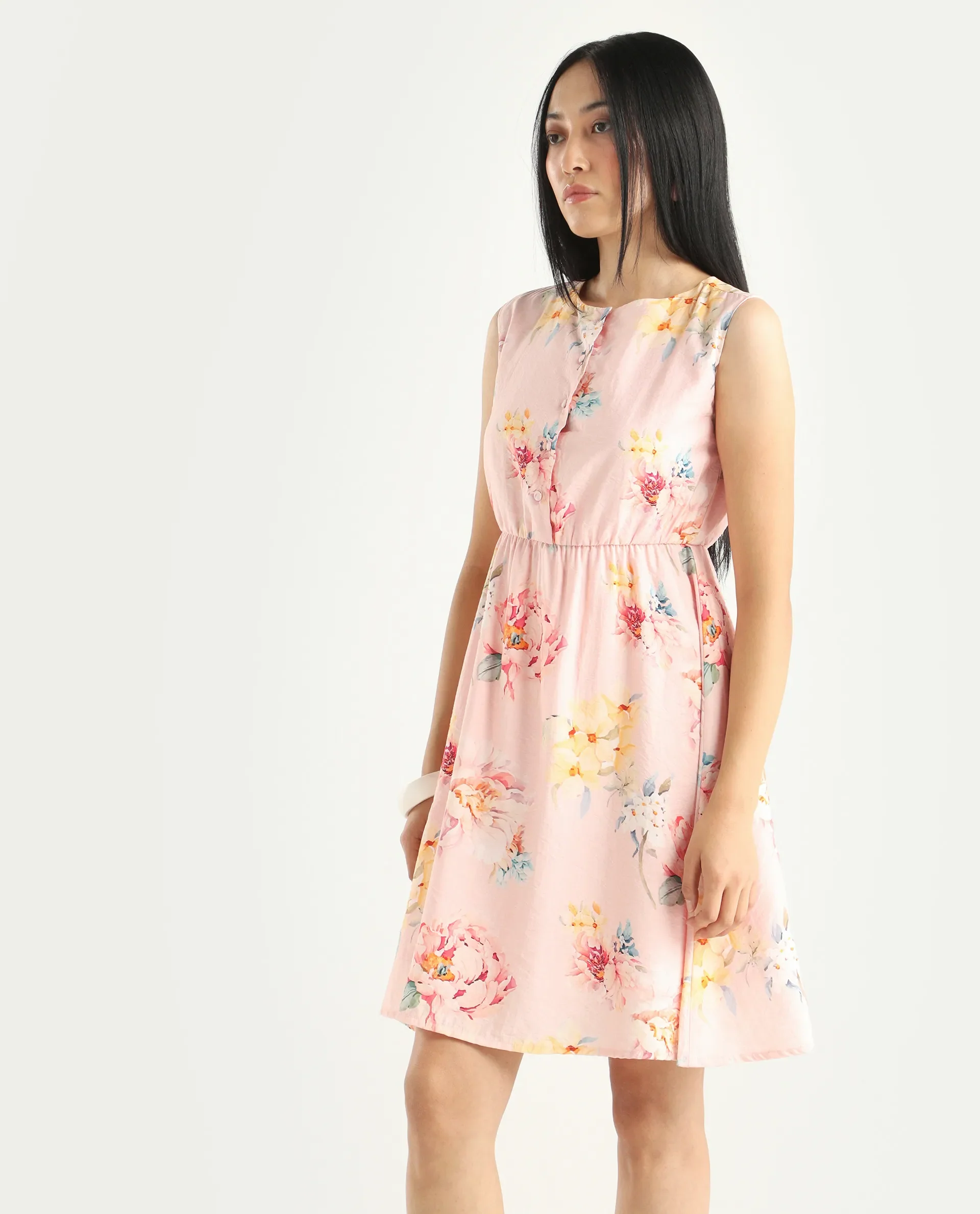 Rareism Women's Nupic Pink Viscose Blend Round Neck Floral Print Mini Flared Dress - Image 5