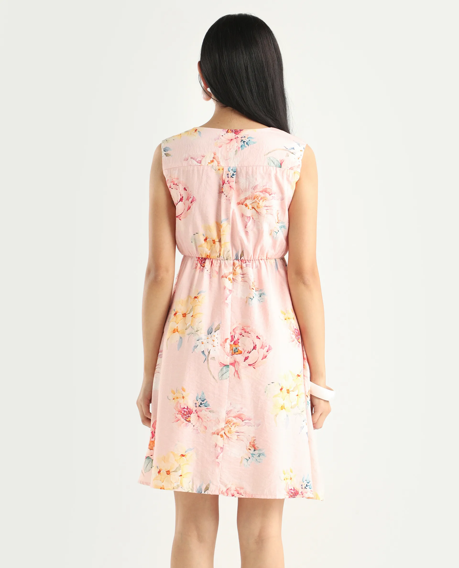 Rareism Women's Nupic Pink Viscose Blend Round Neck Floral Print Mini Flared Dress - Image 6