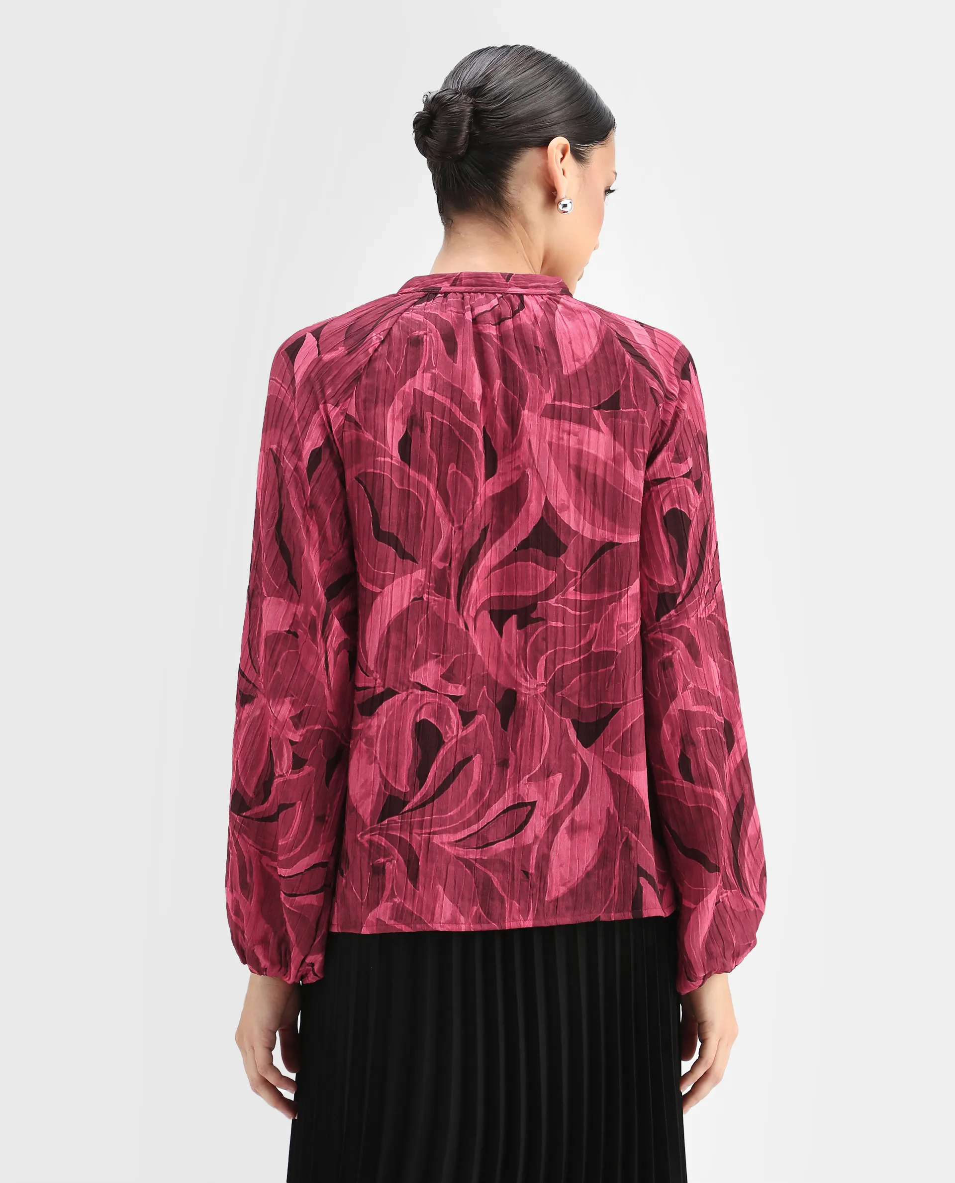 Rareism Women's Nupino Dark Pink Polyester Raglan Sleeves Tie-Up Neck Relaxed Fit Top - Image 2