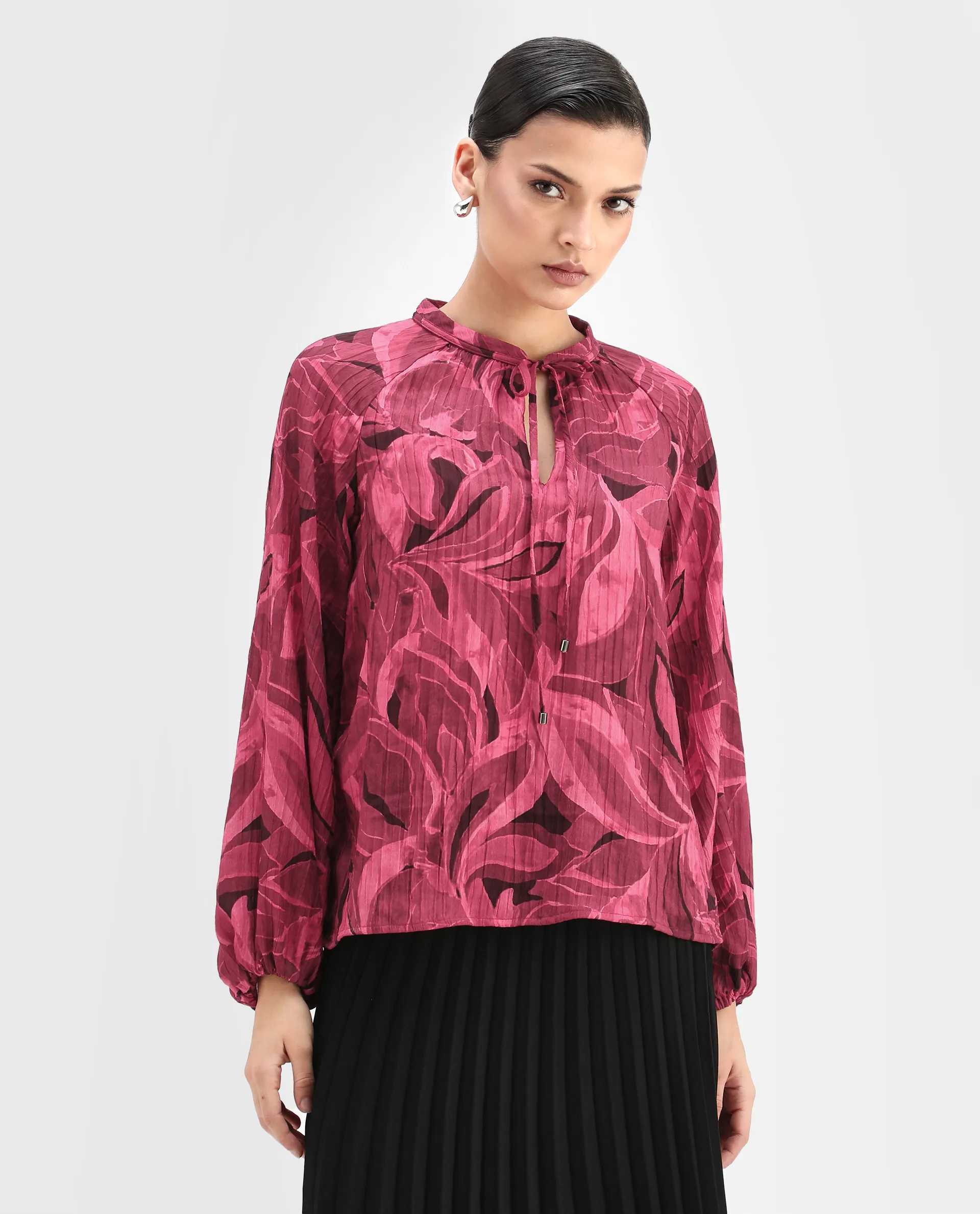 Rareism Women's Nupino Dark Pink Polyester Raglan Sleeves Tie-Up Neck Relaxed Fit Top - Image 3