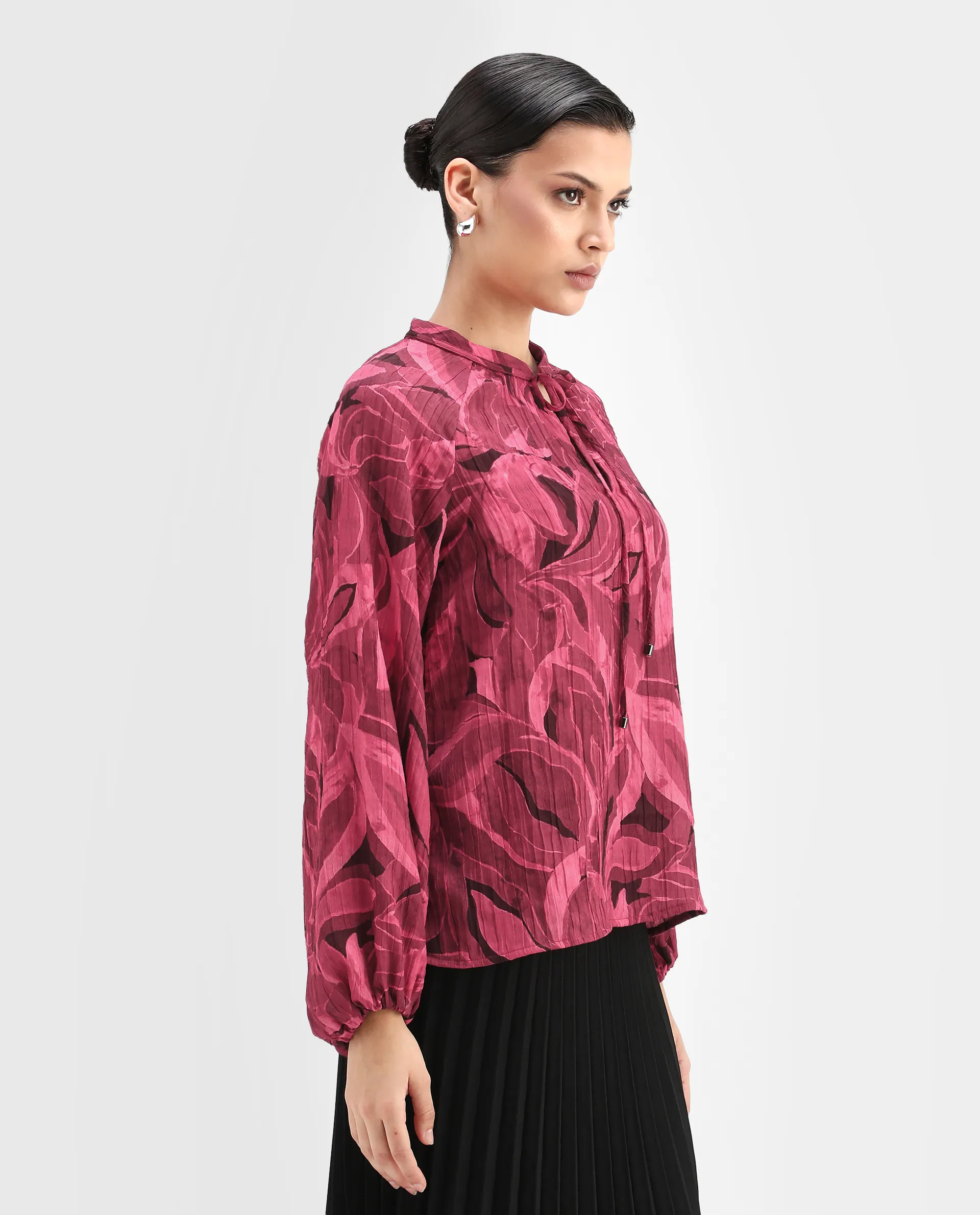Rareism Women's Nupino Dark Pink Polyester Raglan Sleeves Tie-Up Neck Relaxed Fit Top - Image 4