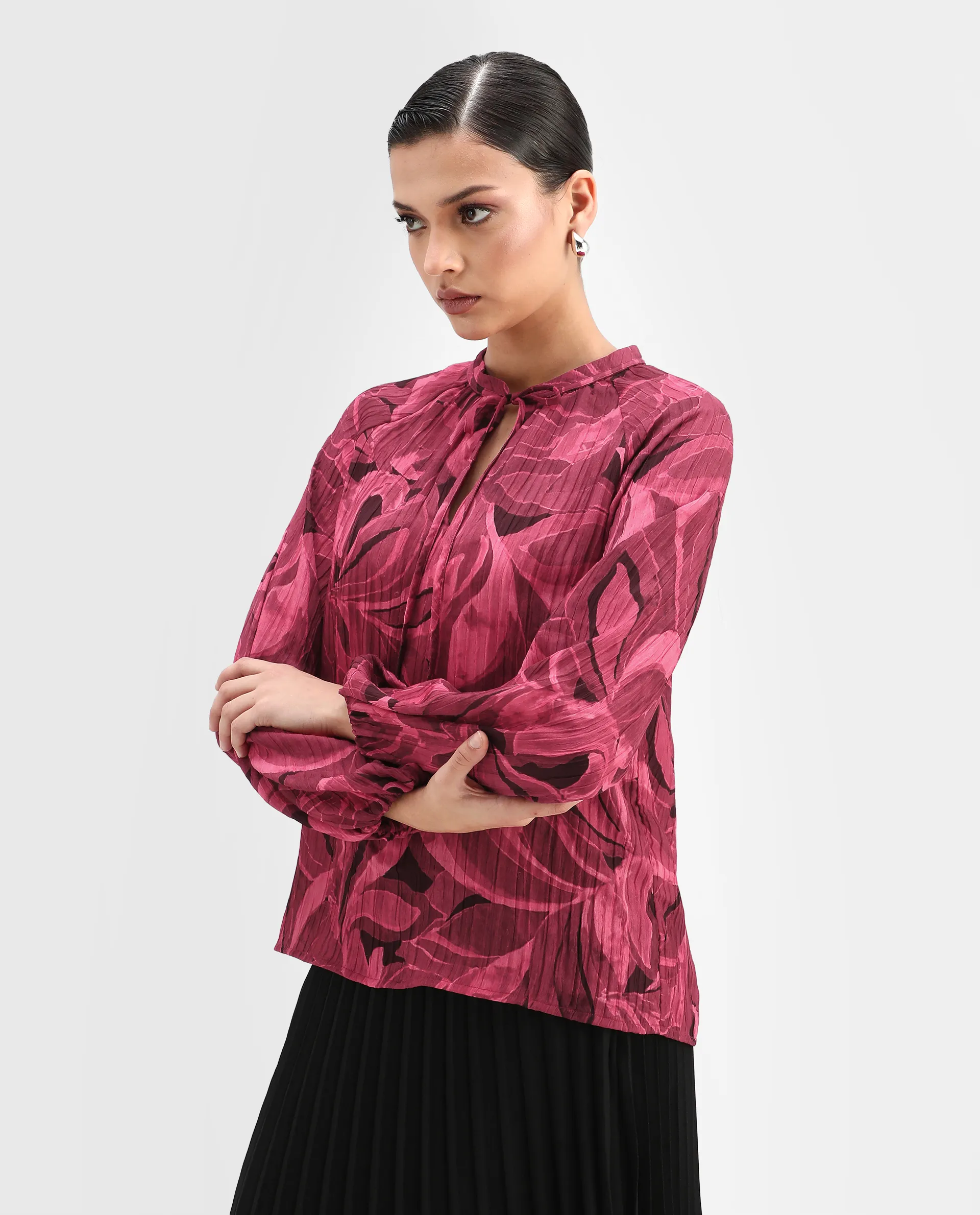 Rareism Women's Nupino Dark Pink Polyester Raglan Sleeves Tie-Up Neck Relaxed Fit Top - Image 5