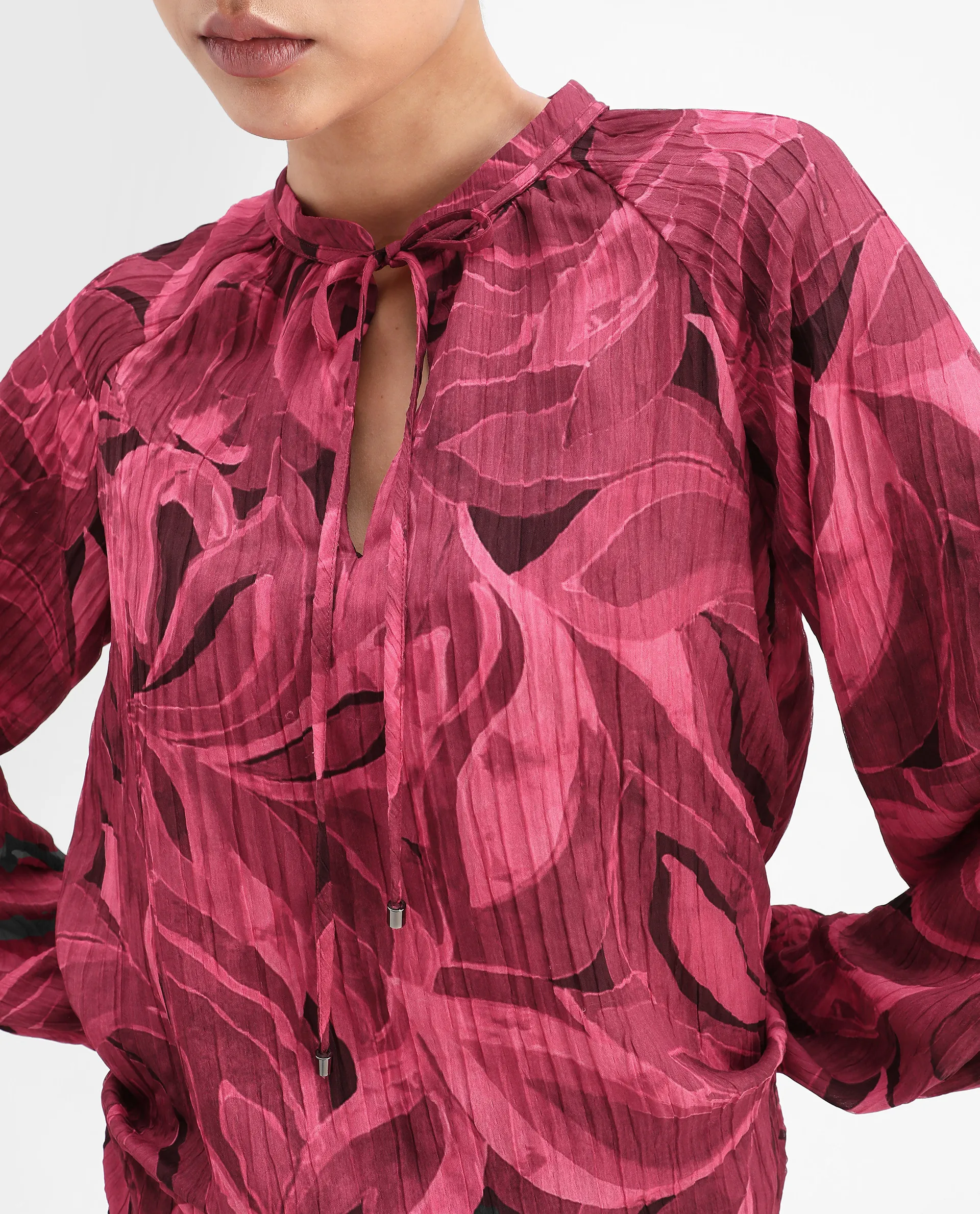 Rareism Women's Nupino Dark Pink Polyester Raglan Sleeves Tie-Up Neck Relaxed Fit Top - Image 6