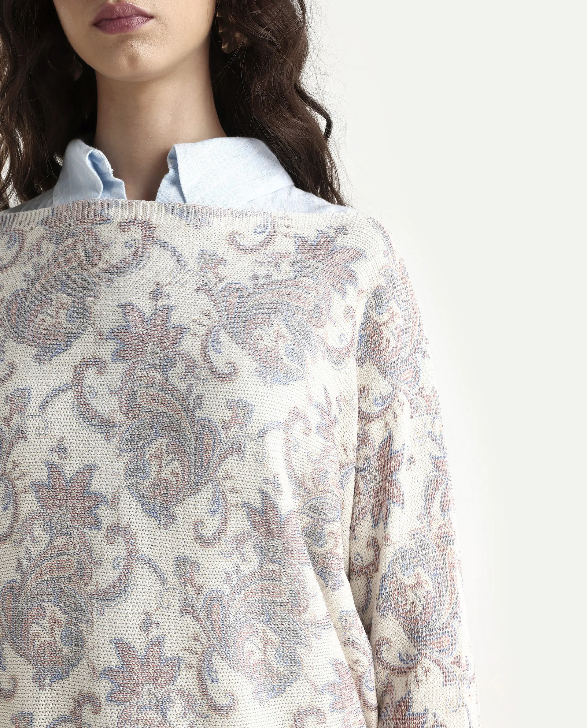 Rareism Women's Nupint Light Multi Viscose Blend Boat Neck Paisley Print Kimono Sleeve Relaxed Fit Top - Image 4