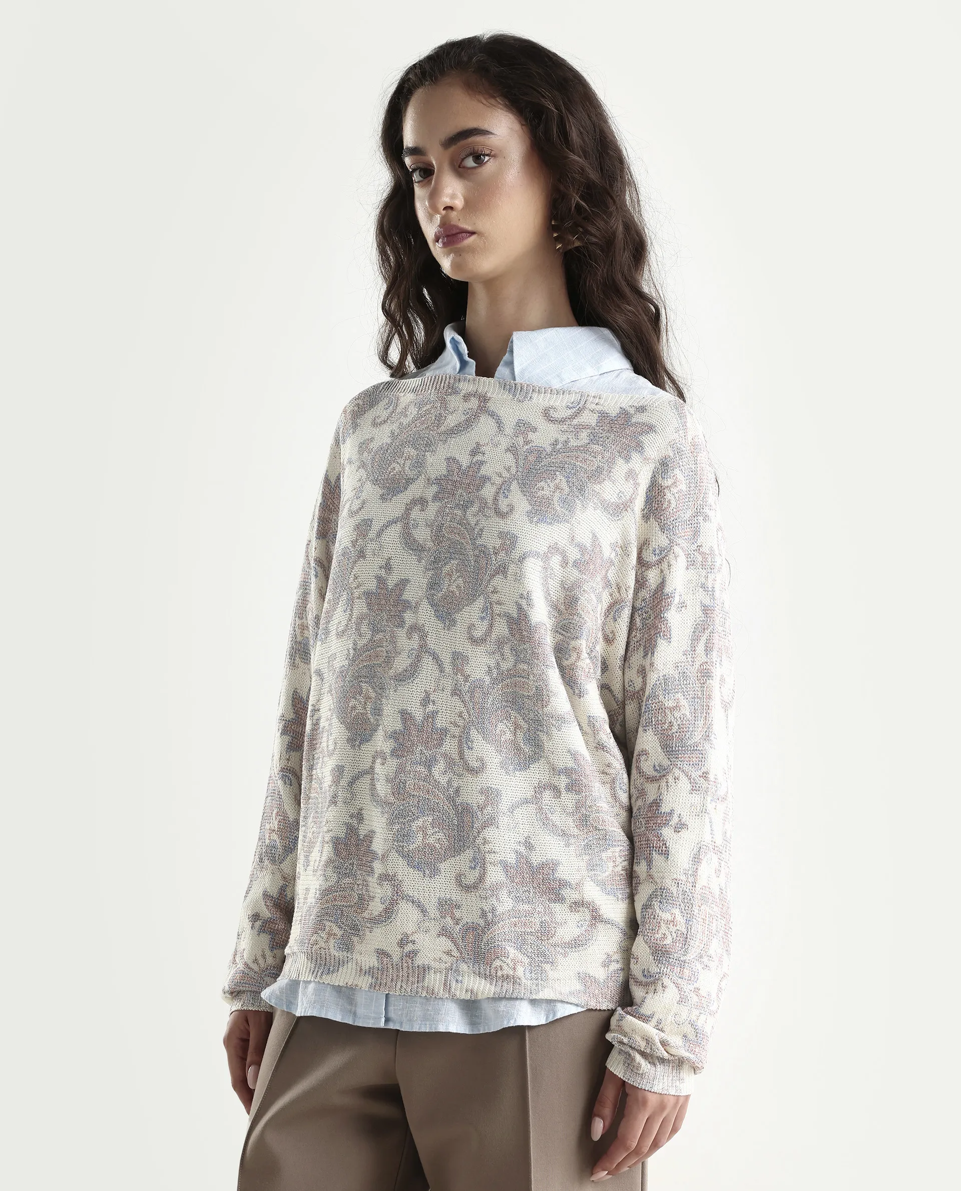 Rareism Women's Nupint Light Multi Viscose Blend Boat Neck Paisley Print Kimono Sleeve Relaxed Fit Top - Image 5