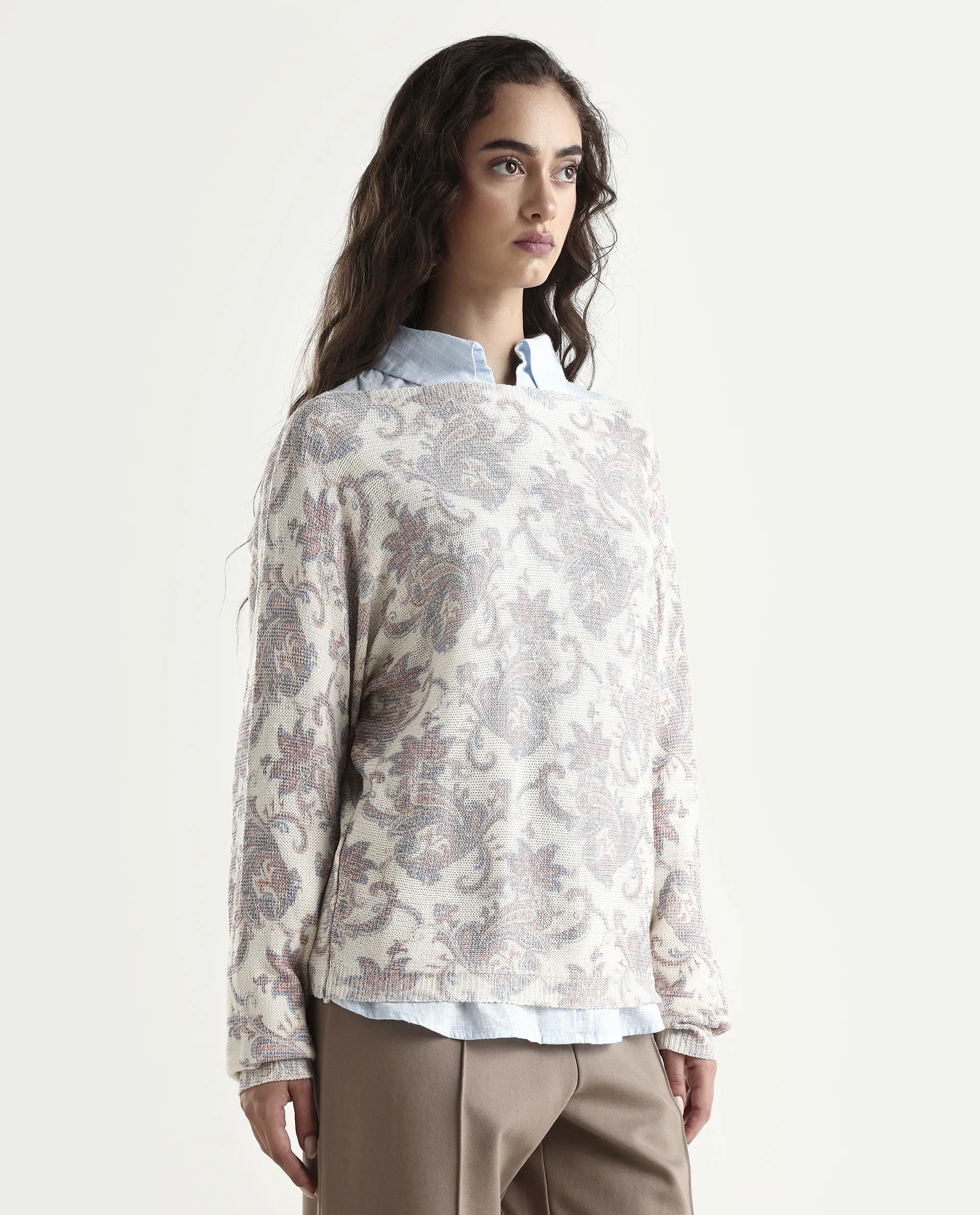 Rareism Women's Nupint Light Multi Viscose Blend Boat Neck Paisley Print Kimono Sleeve Relaxed Fit Top - Image 6