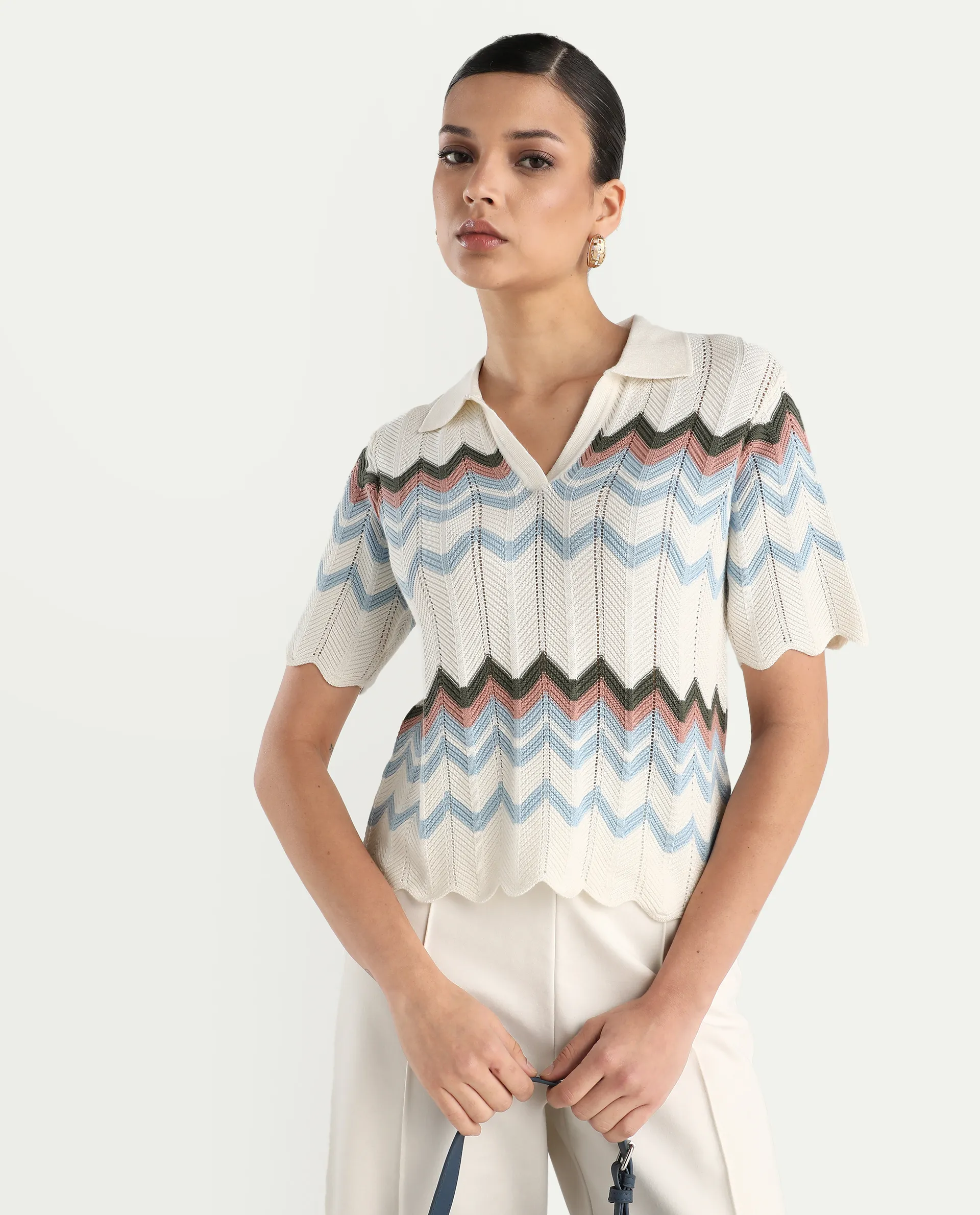Rareism Women's Nuplo-R Light Blue Cotton Jonny Collar Regular Fit Geometric Print Top