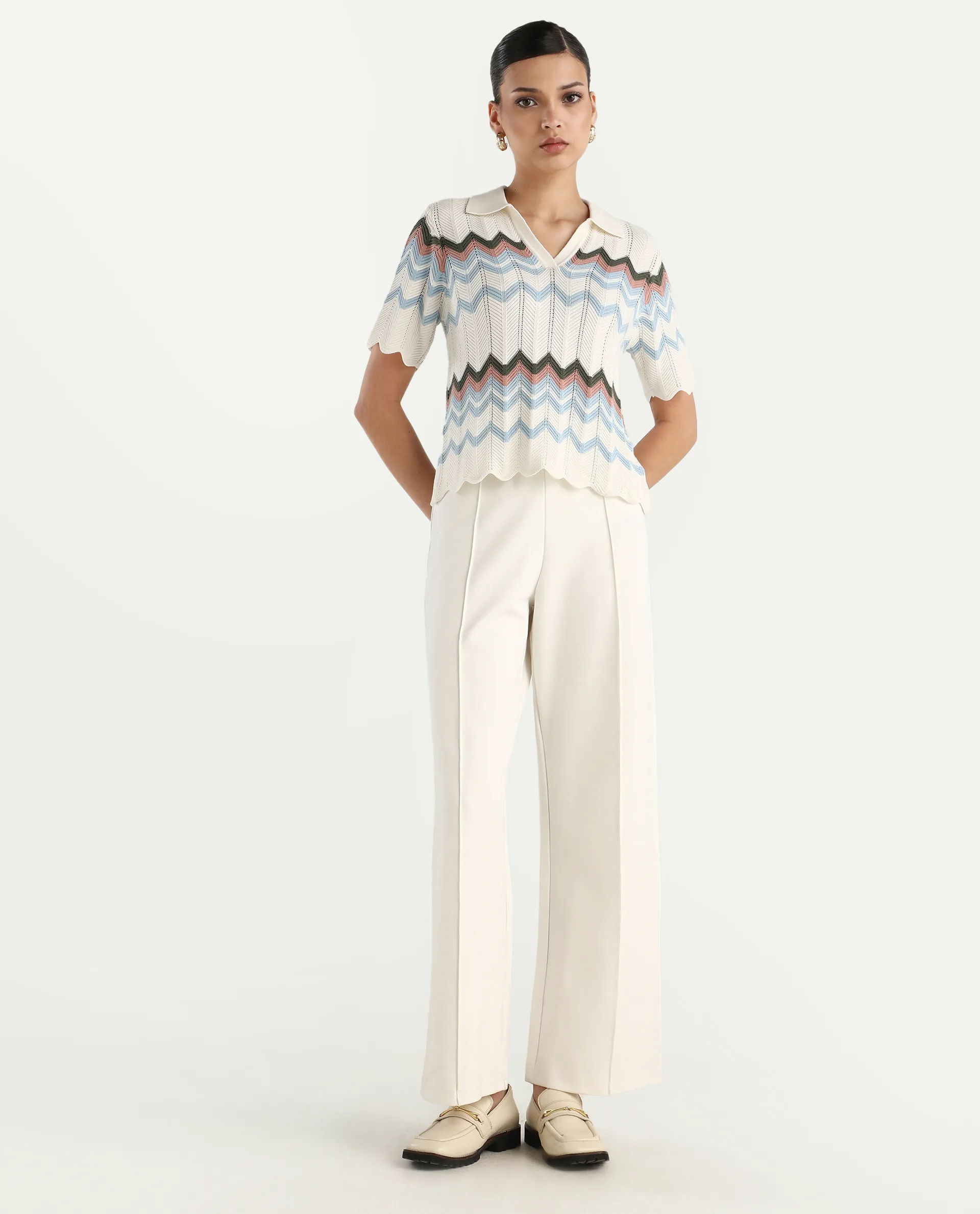 Rareism Women's Nuplo-R Light Blue Cotton Jonny Collar Regular Fit Geometric Print Top - Image 2