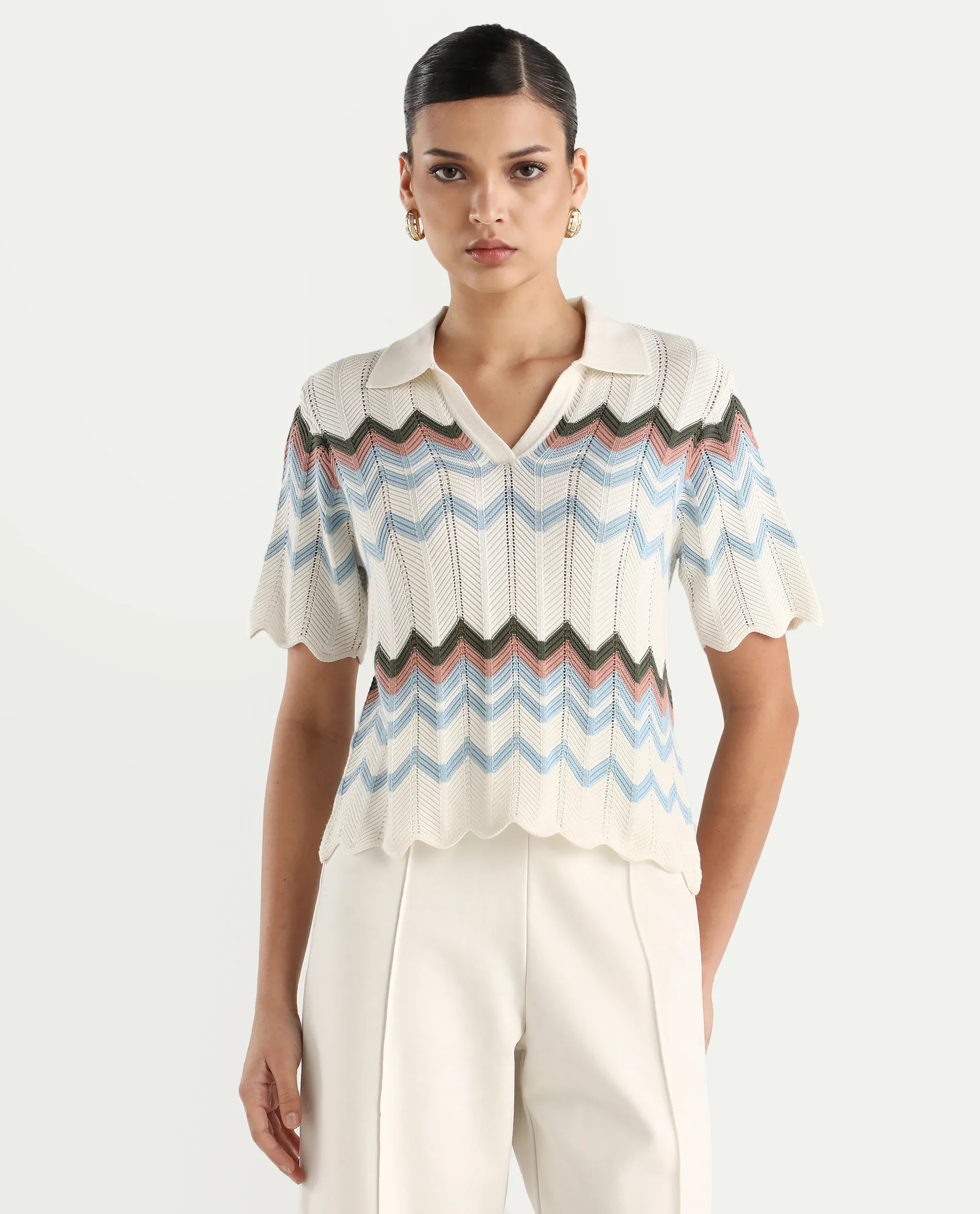 Rareism Women's Nuplo-R Light Blue Cotton Jonny Collar Regular Fit Geometric Print Top - Image 3