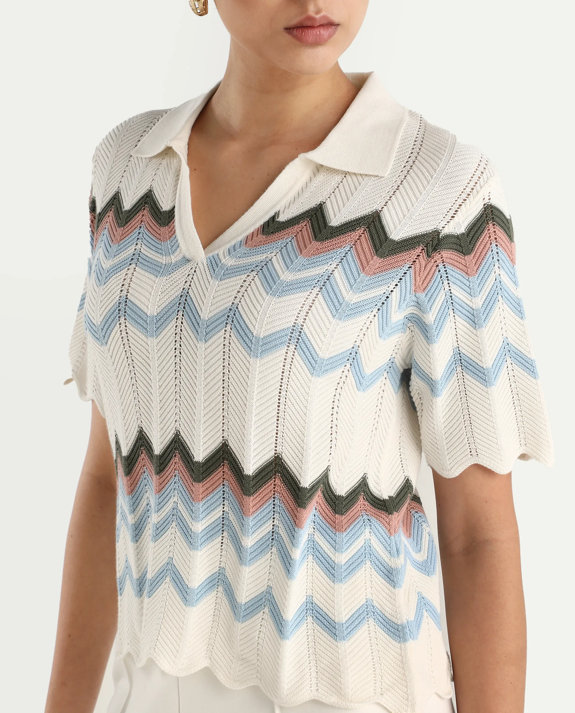 Rareism Women's Nuplo-R Light Blue Cotton Jonny Collar Regular Fit Geometric Print Top - Image 4