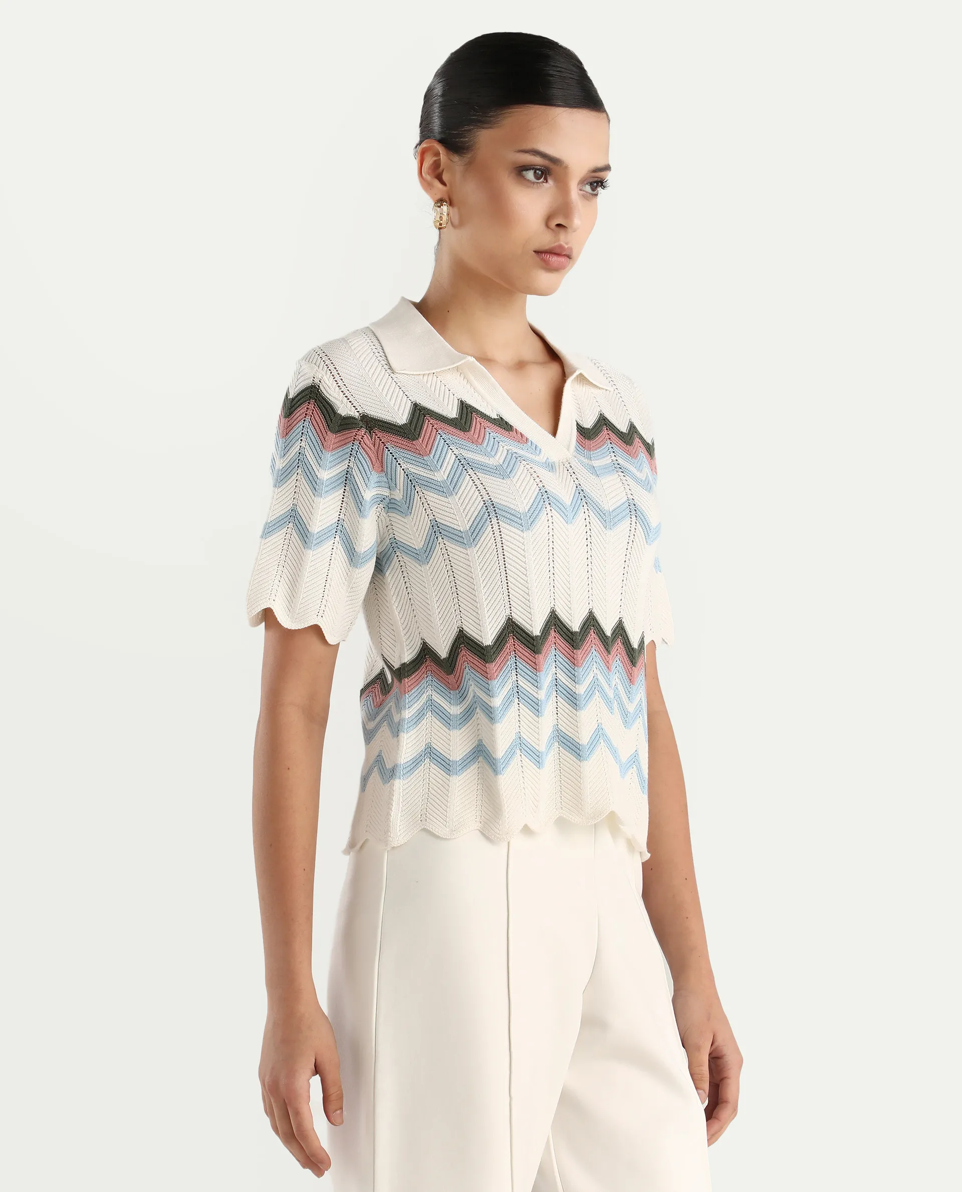 Rareism Women's Nuplo-R Light Blue Cotton Jonny Collar Regular Fit Geometric Print Top - Image 5