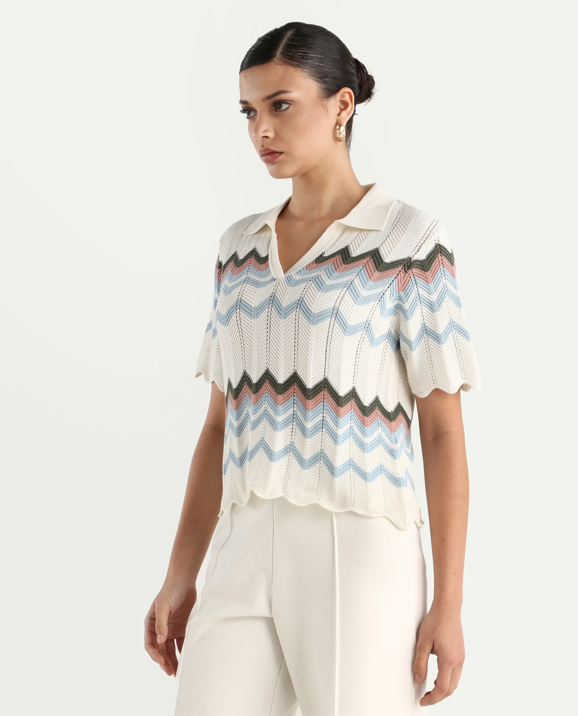 Rareism Women's Nuplo-R Light Blue Cotton Jonny Collar Regular Fit Geometric Print Top - Image 6