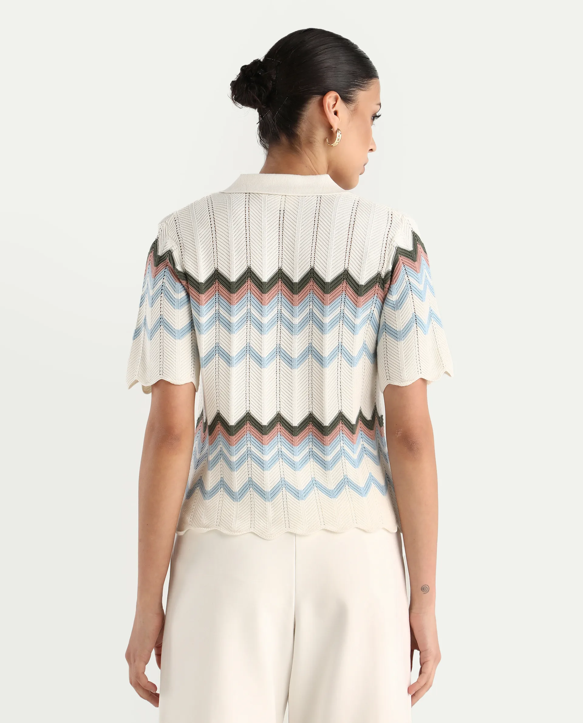 Rareism Women's Nuplo-R Light Blue Cotton Jonny Collar Regular Fit Geometric Print Top - Image 7