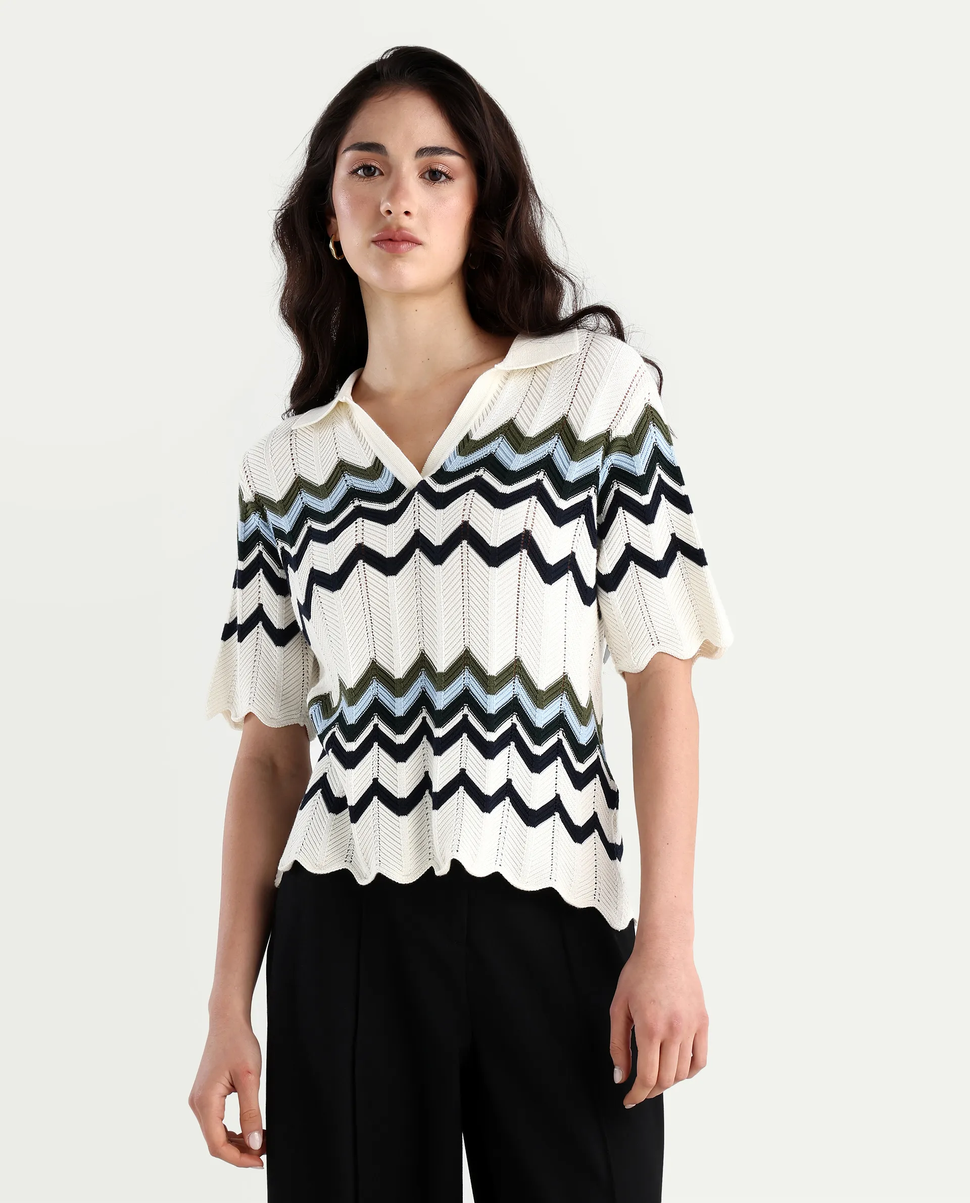 Rareism Women's Nuplo-R Off-White Cotton Full Sleeve Striped Top - Image 3