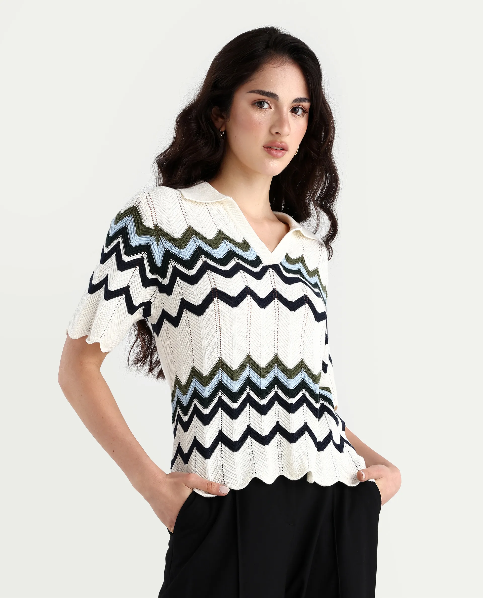 Rareism Women's Nuplo-R Off-White Cotton Full Sleeve Striped Top - Image 5