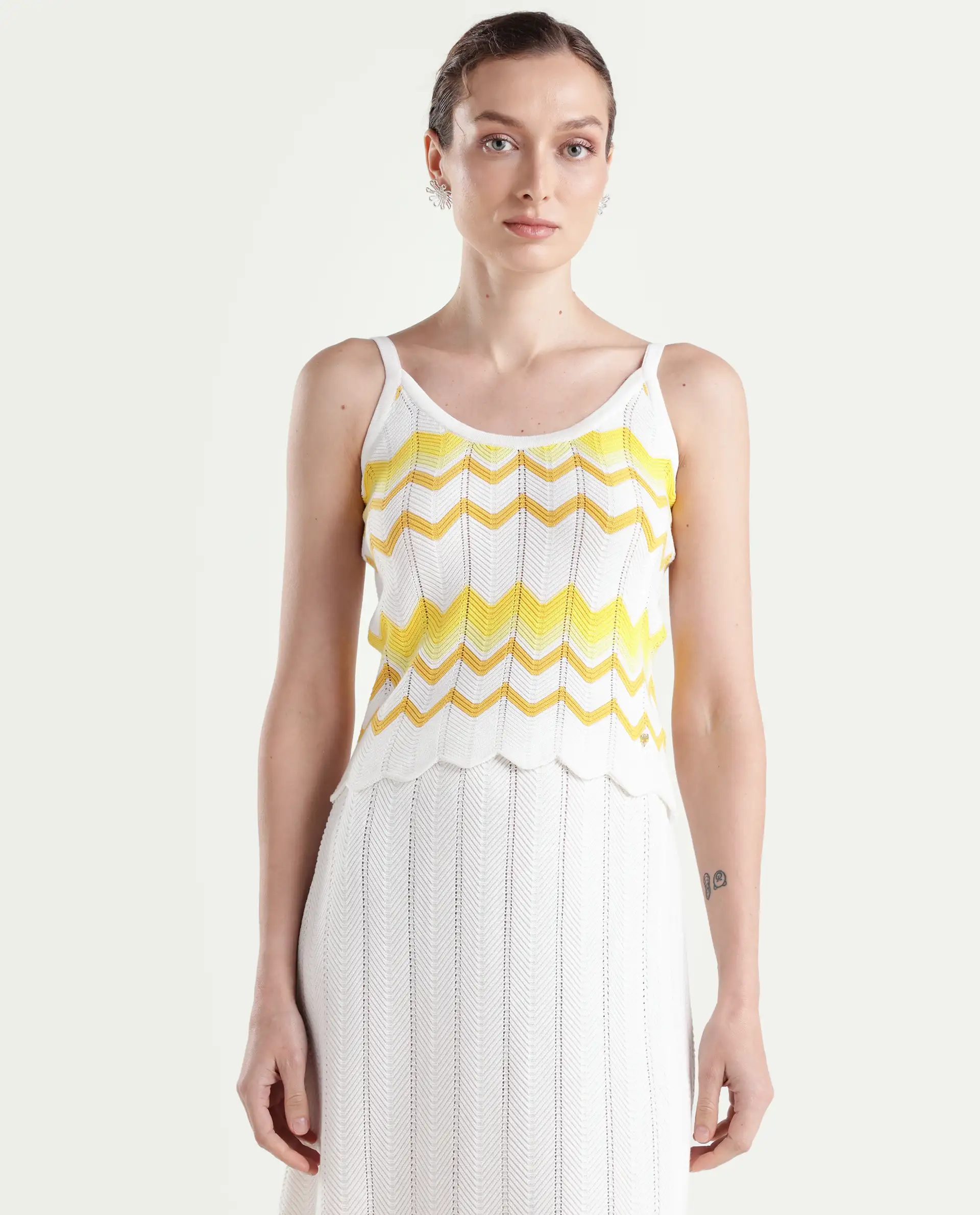 Rareism Women's Nupstir-T Yellow Cotton Shoulder Strap Knitted Sleeveless Crop Regular Fit Top - Image 3
