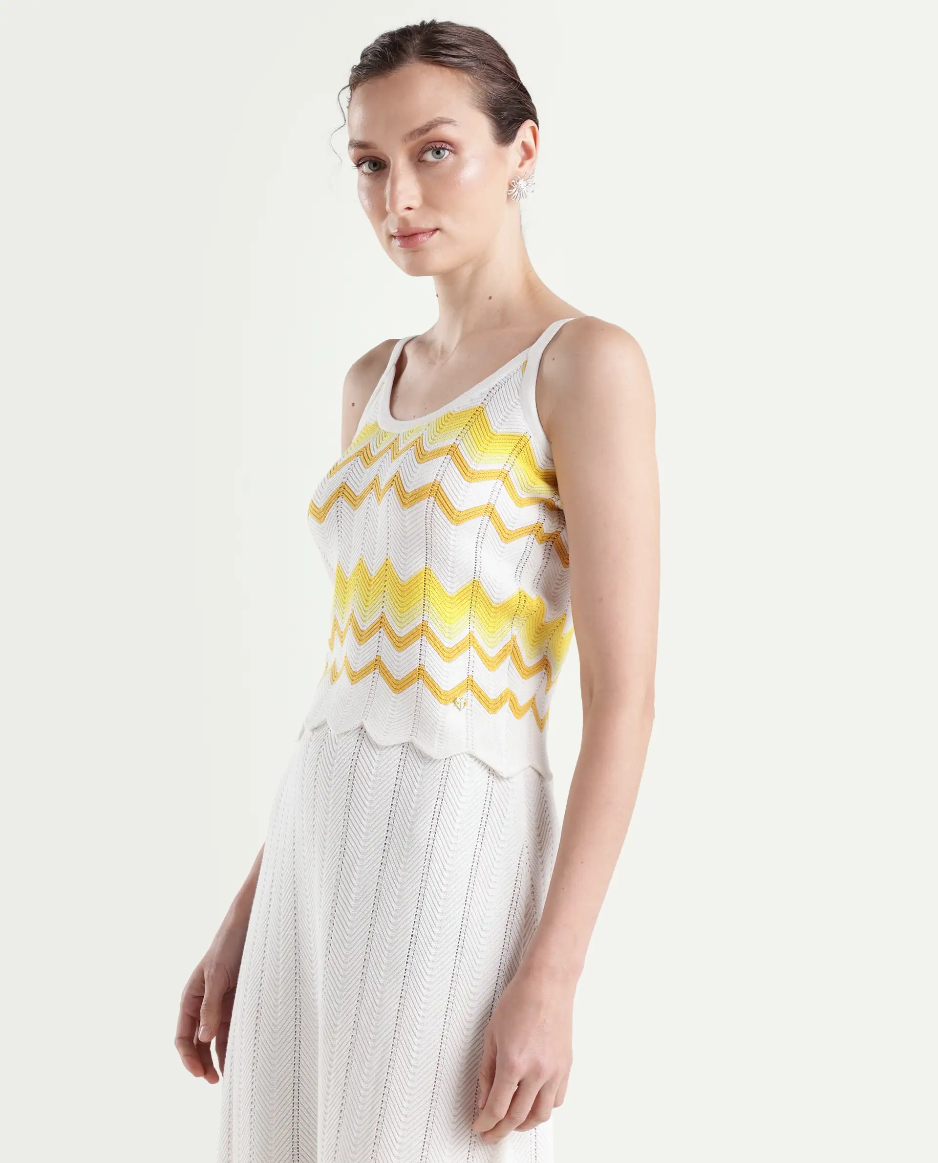 Rareism Women's Nupstir-T Yellow Cotton Shoulder Strap Knitted Sleeveless Crop Regular Fit Top - Image 5