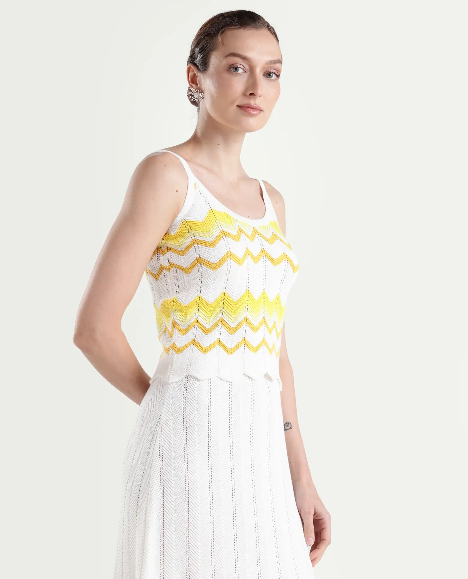 Rareism Women's Nupstir-T Yellow Cotton Shoulder Strap Knitted Sleeveless Crop Regular Fit Top - Image 6