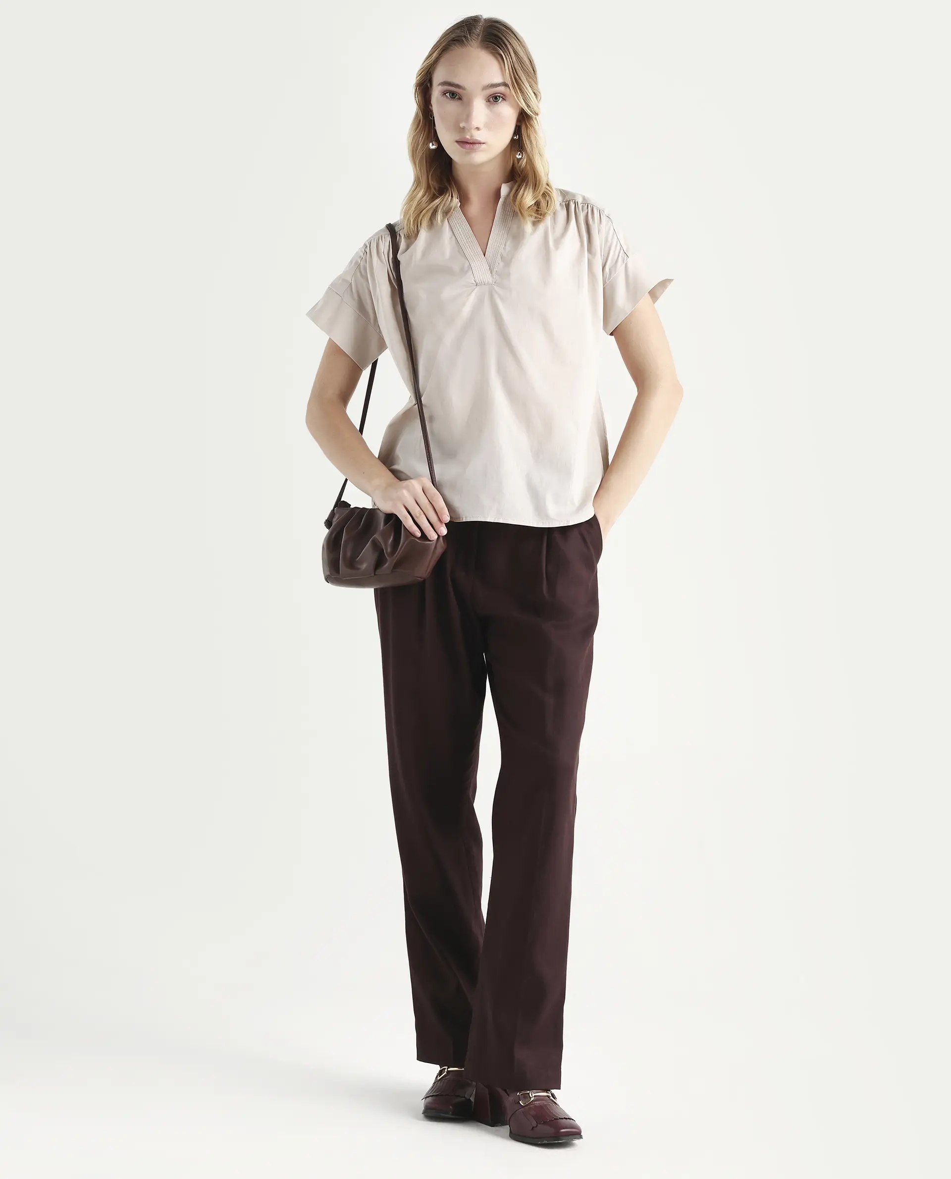 Rareism Women's Nupto Beige Cotton Mandarin Collar Relaxed Fit Plain Top - Image 2